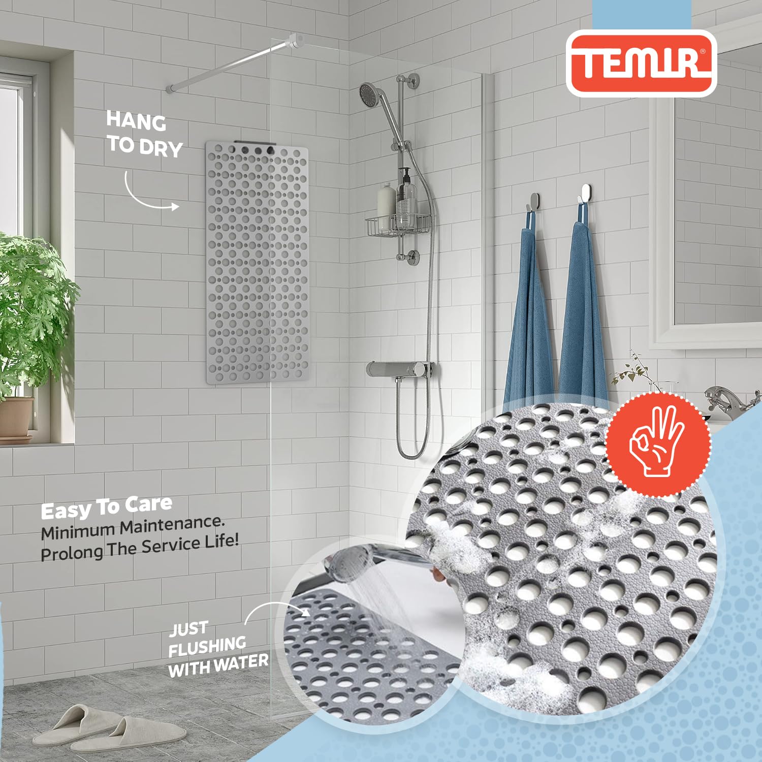 TEMIR TEMIR Non Slip Bathtub and Shower Mat 30x17 in Soft Machine Washable with Suction Cups and Drain Holes Easy Dry Gray - View 5 of 8