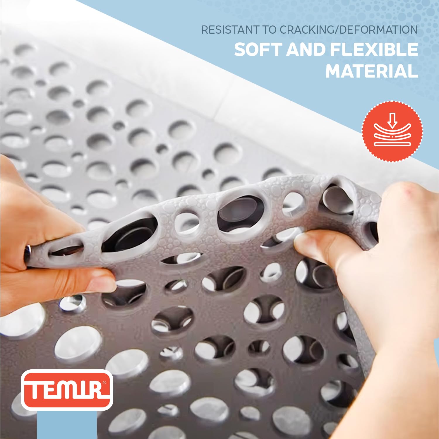TEMIR TEMIR Non Slip Bathtub and Shower Mat 30x17 in Soft Machine Washable with Suction Cups and Drain Holes Easy Dry Gray - View 8 of 8