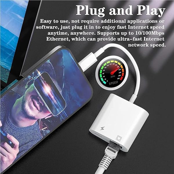 MOVESPEED Apple MFi Certified Lightning to Ethernet Adapter 2 in 1 RJ45 Network Adapter for iPhone iPad iPod Supports 100Mbps Plug and Play - View 7 of 11