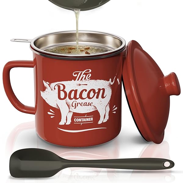 PGYARD Bacon Grease Container with Strainer 46OZ Large Enamel Keeper with Silicone Spatula Dishwasher Safe Red for Kitchen Fat Storage