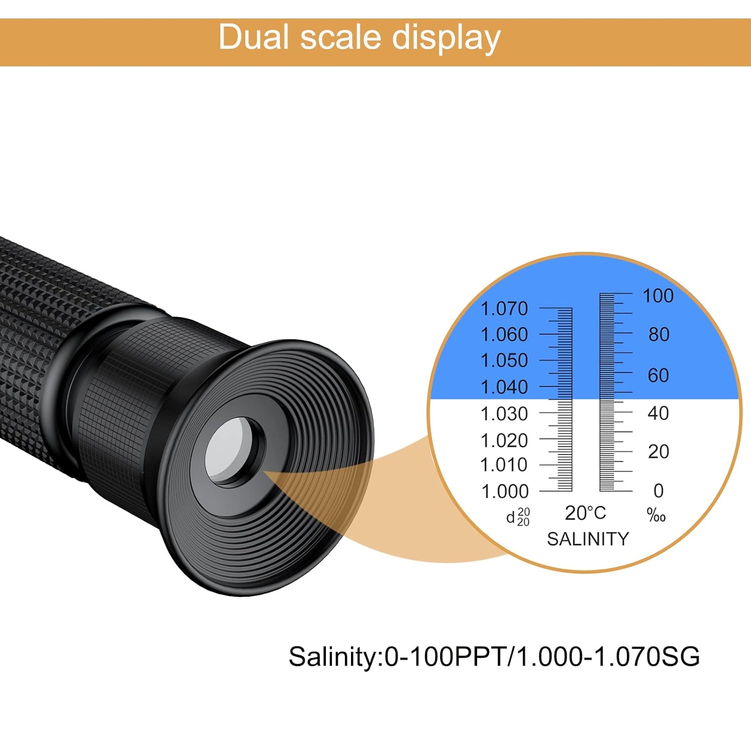 TOOGOND Professional Salinity Refractometer for Saltwater Pools and Aquariums Dual Scale 0-100 PPT Specific Gravity 1.000-1.070 with ATC Function - View 3 of 8