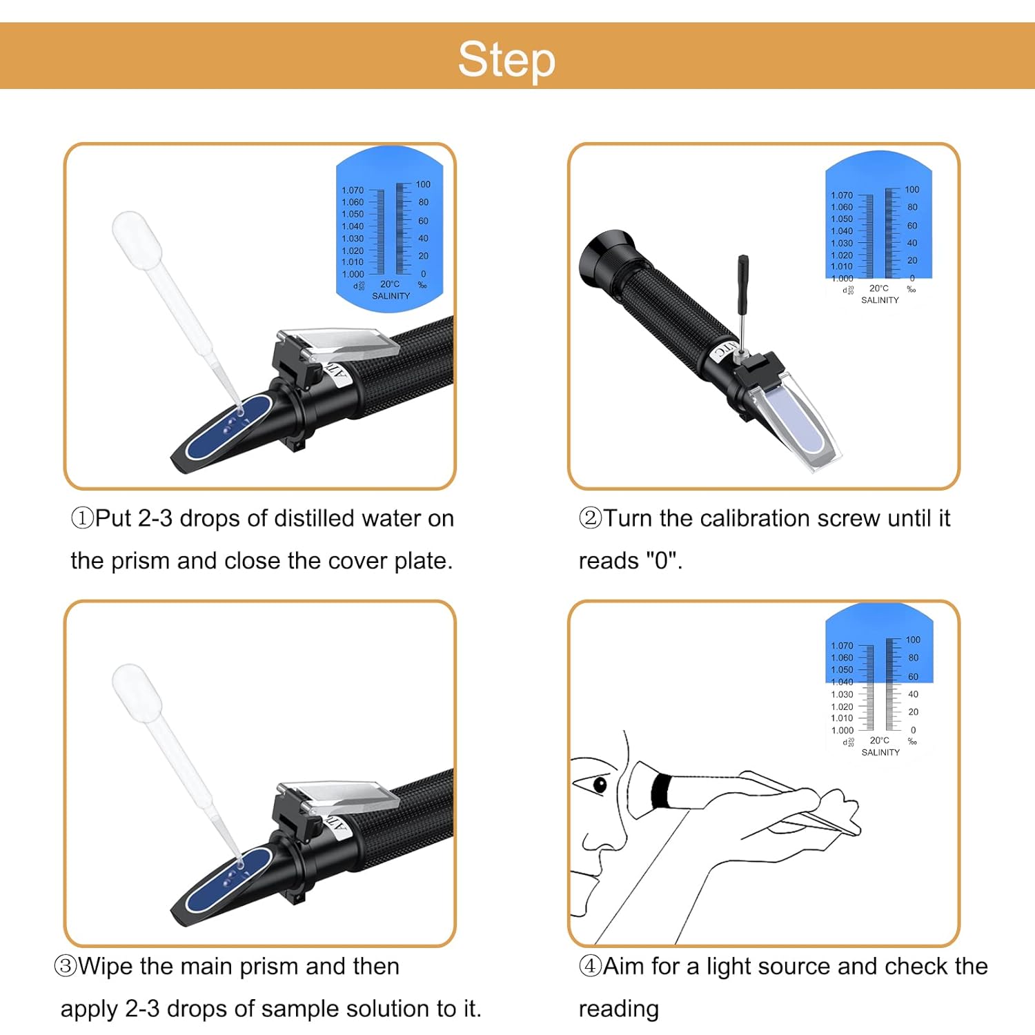 TOOGOND Professional Salinity Refractometer for Saltwater Pools and Aquariums Dual Scale 0-100 PPT Specific Gravity 1.000-1.070 with ATC Function - View 4 of 8