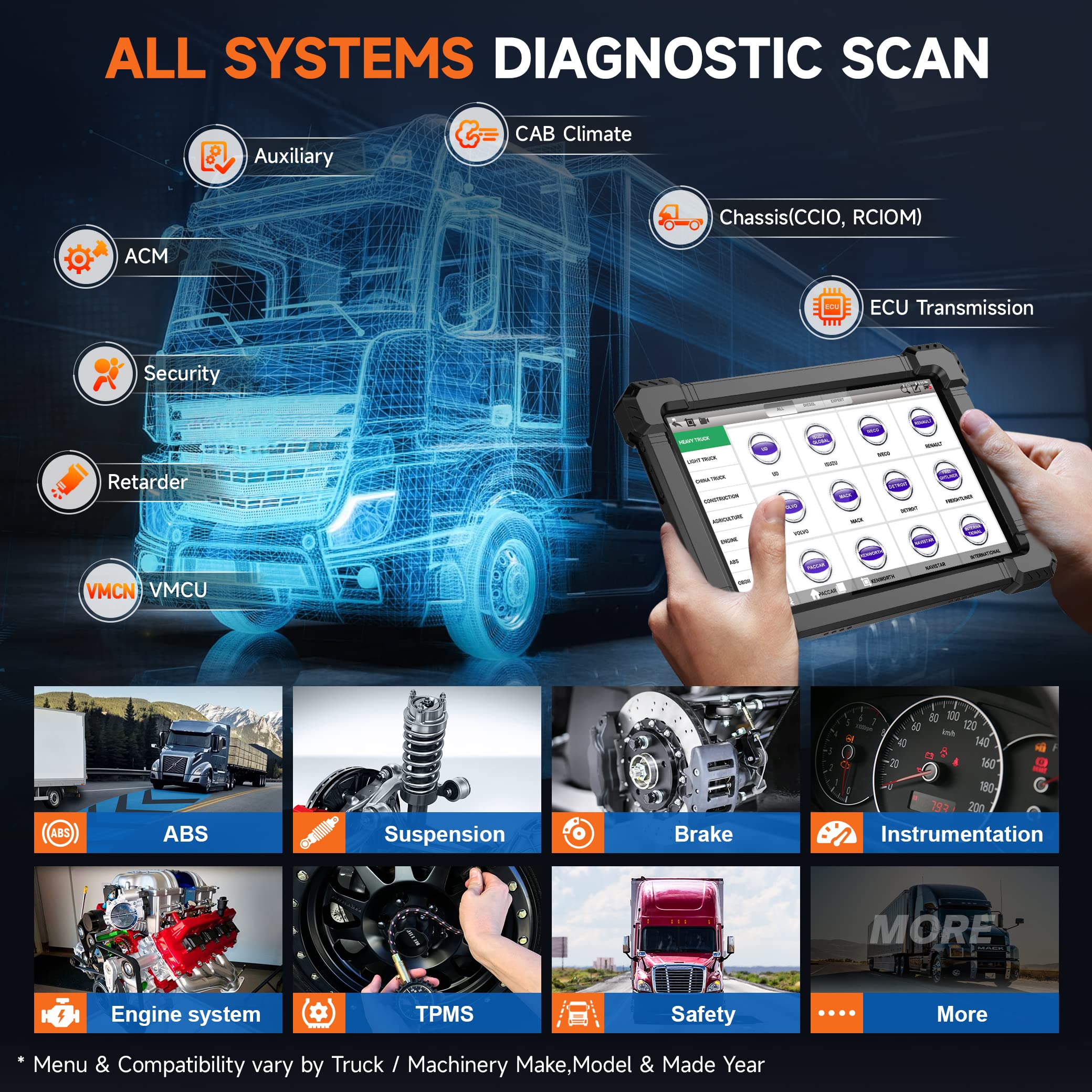 ANCEL X7HD 10 Inch Heavy Duty Truck Scanner Full System Diagnostic Tool for Diesel Trucks with DPF ECU Coding and 40 Plus Reset Functions - View 4 of 9