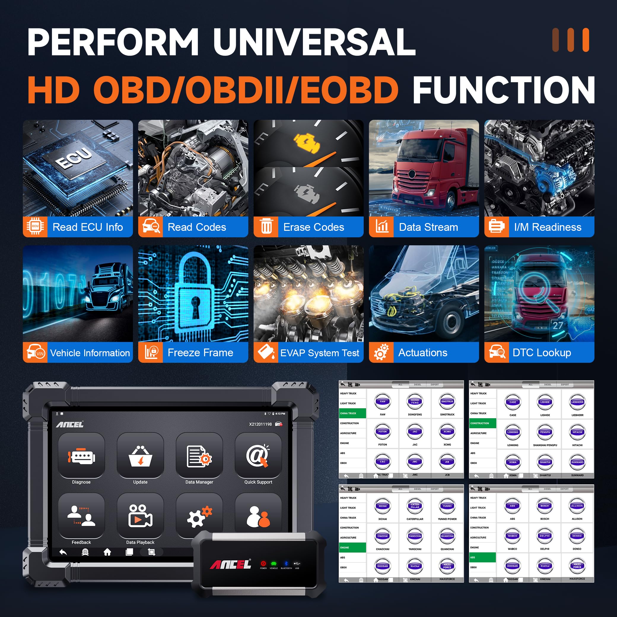 ANCEL X7HD 10 Inch Heavy Duty Truck Scanner Full System Diagnostic Tool for Diesel Trucks with DPF ECU Coding and 40 Plus Reset Functions - View 5 of 9