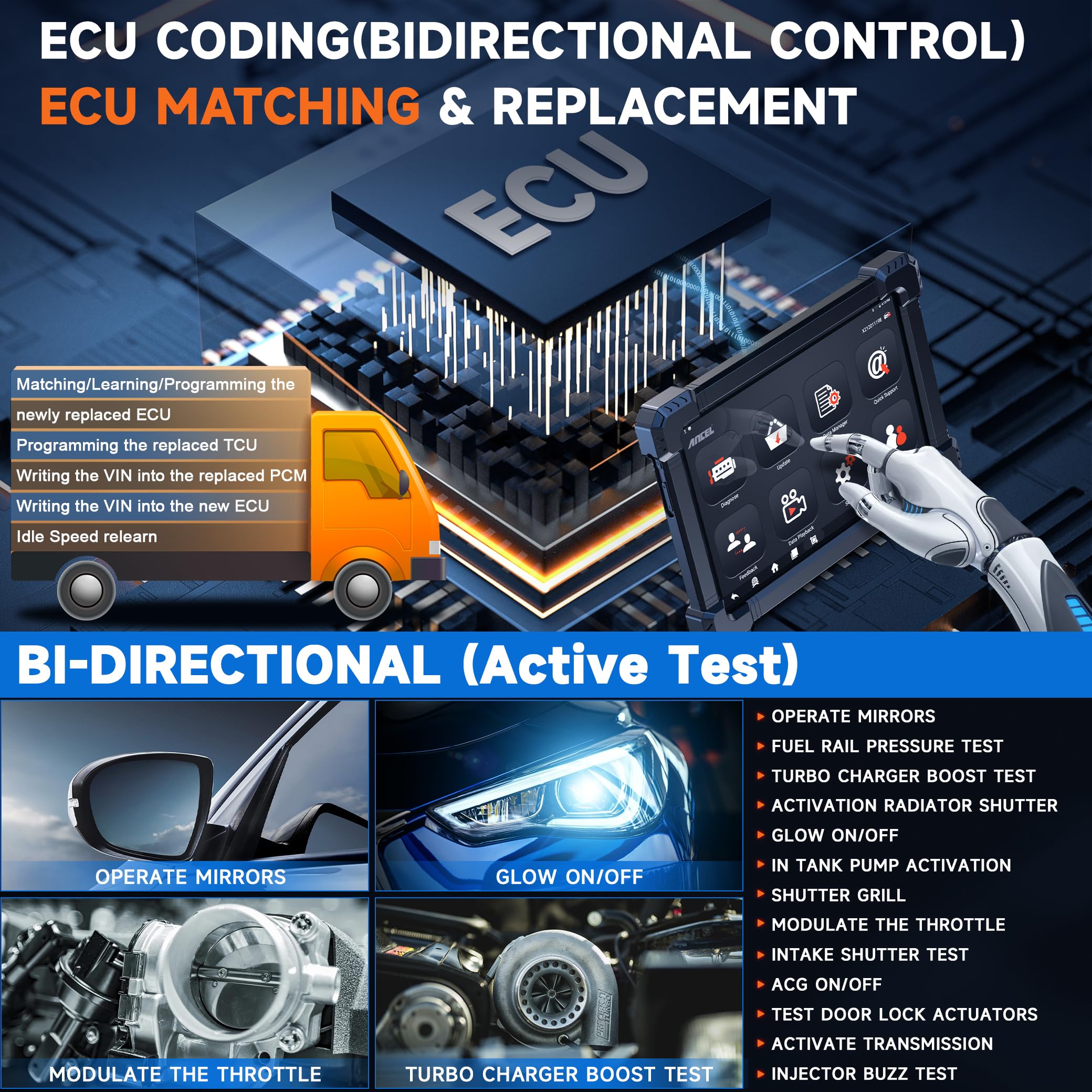 ANCEL X7HD 10 Inch Heavy Duty Truck Scanner Full System Diagnostic Tool for Diesel Trucks with DPF ECU Coding and 40 Plus Reset Functions - View 7 of 9