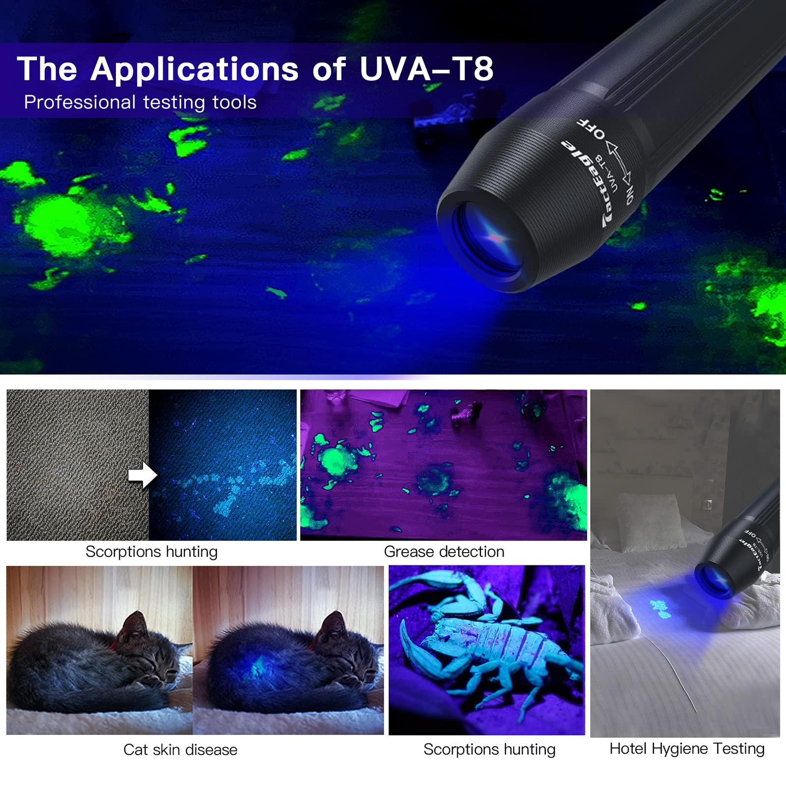 TactEagle TactEagle Mini UV Flashlight 365nm Portable Stain Detector for Pet Urine Kitchen Grease and Bathroom Stains with Clip and Keychain - View 4 of 8