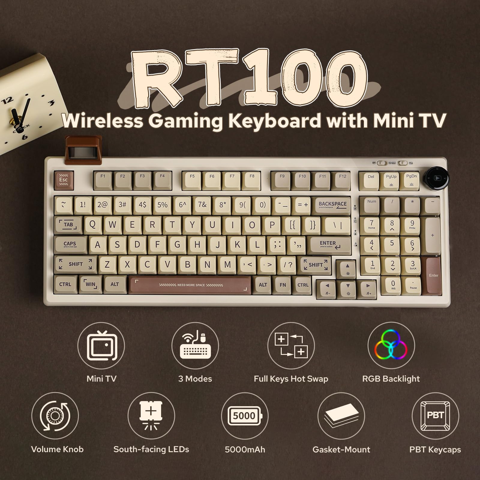 EPOMAKER RT100 Retro Gaming Keyboard with Display Screen, BT5.0 2.4G USB-C, 97 Keys Gasket Custom Keyboard, Hot Swappable, RGB Backlit, with Knob for - View 2 of 7