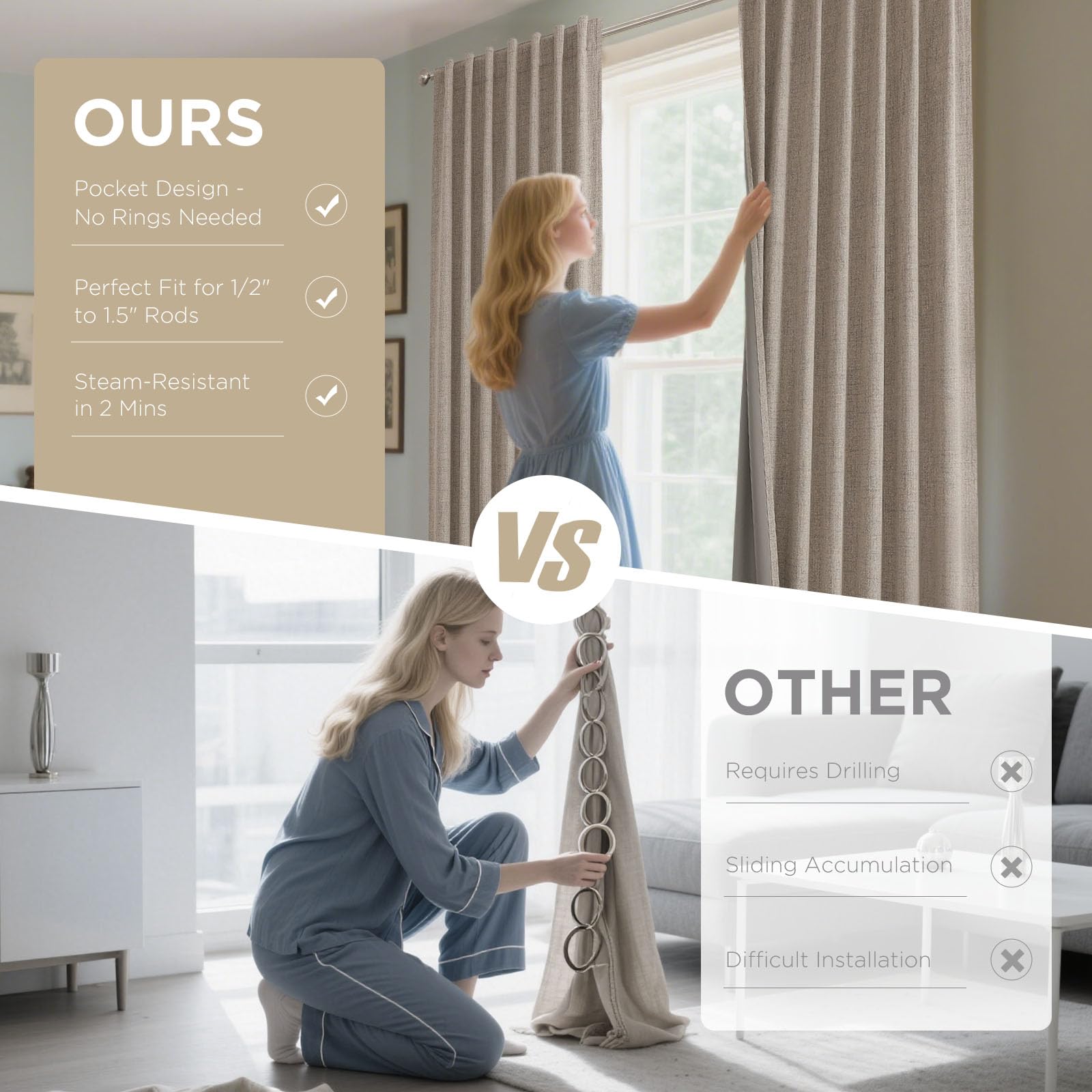 Joydeco Joydeco 96 Inch Blackout Linen Curtains 100% Darkening Drapes 2 Panels Set for Bedroom Living Room Thermal Insulated Rod Pocket - View 7 of 9