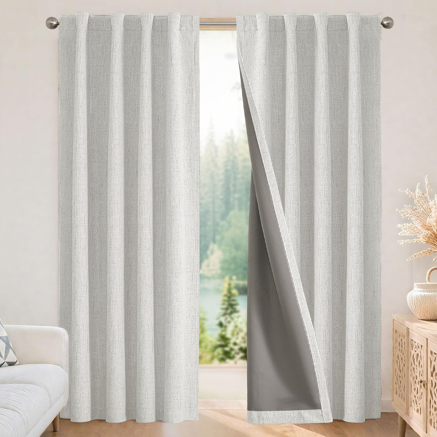 Joydeco Joydeco 100% Greyish White Blackout Curtains 108 Inch Long Linen 2 Panels Set for Bedroom Living Room Thermal Insulated Back Tab Rod Pocket