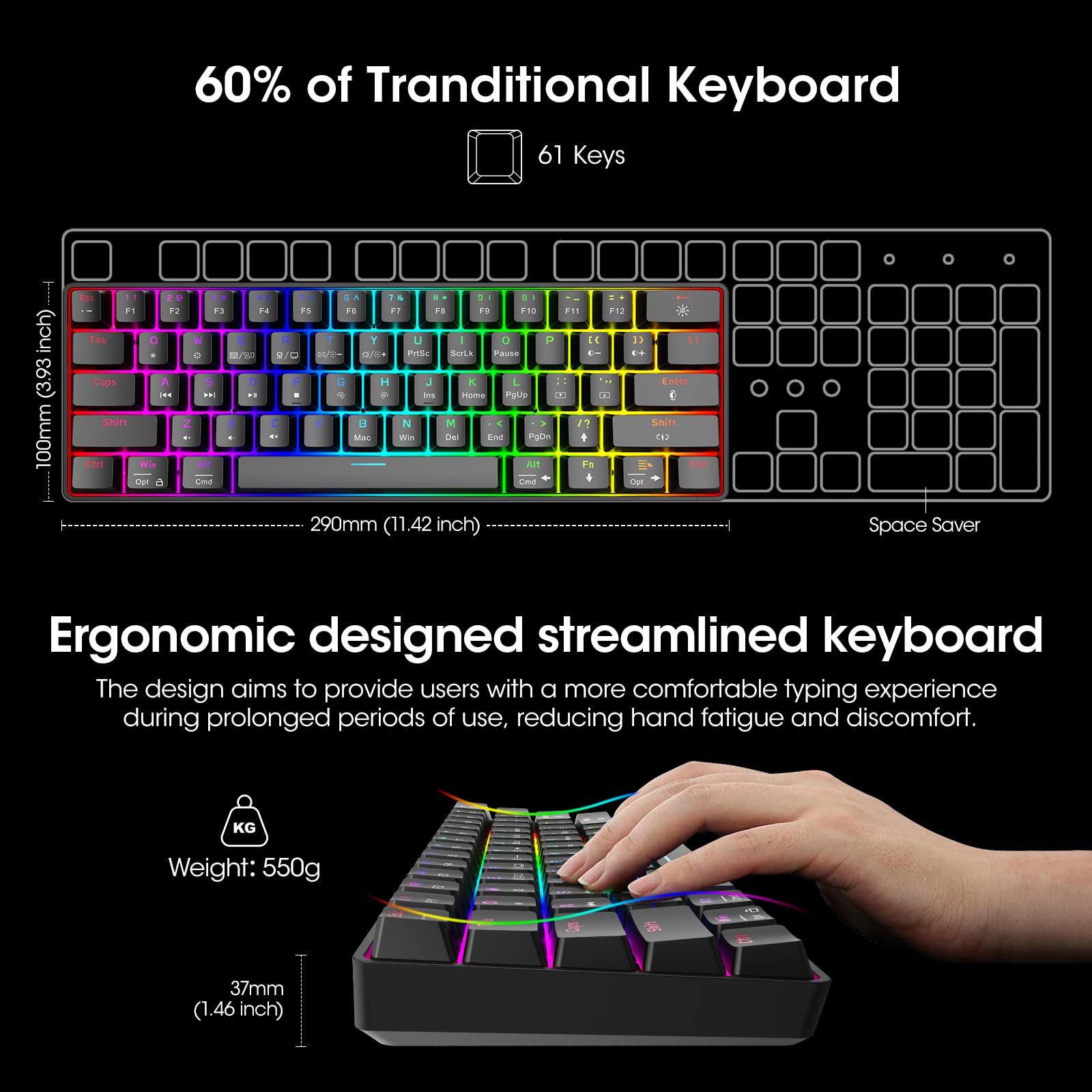 KOORUI 60% Gaming Keyboards, 61 Keys Wired Ultra-Compact Mechanical Keyboard 26 RGB Backlit with Red Switch Mini Keyboards for Windows MacOS Linux - View 2 of 6