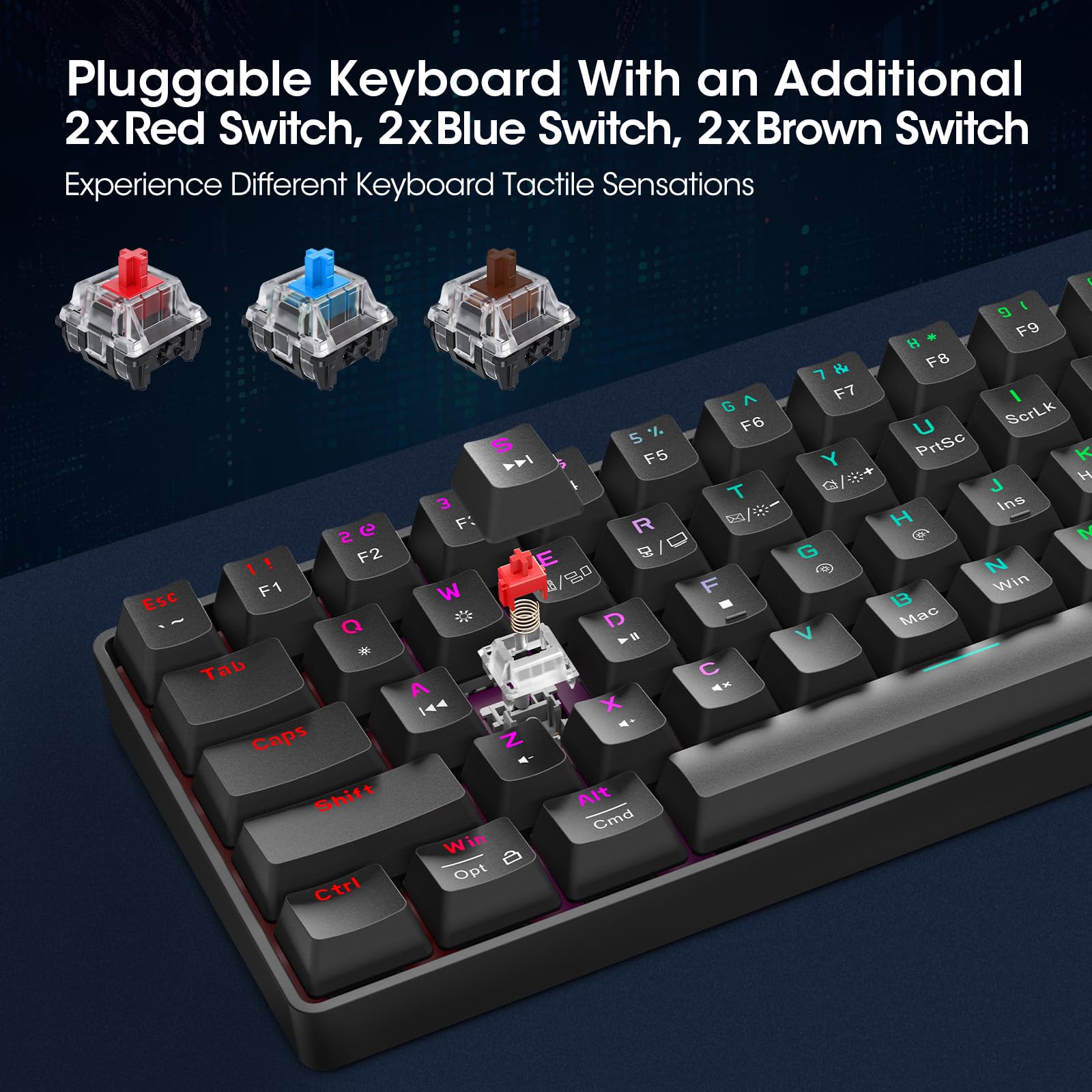 KOORUI 60% Gaming Keyboards, 61 Keys Wired Ultra-Compact Mechanical Keyboard 26 RGB Backlit with Red Switch Mini Keyboards for Windows MacOS Linux - View 3 of 6