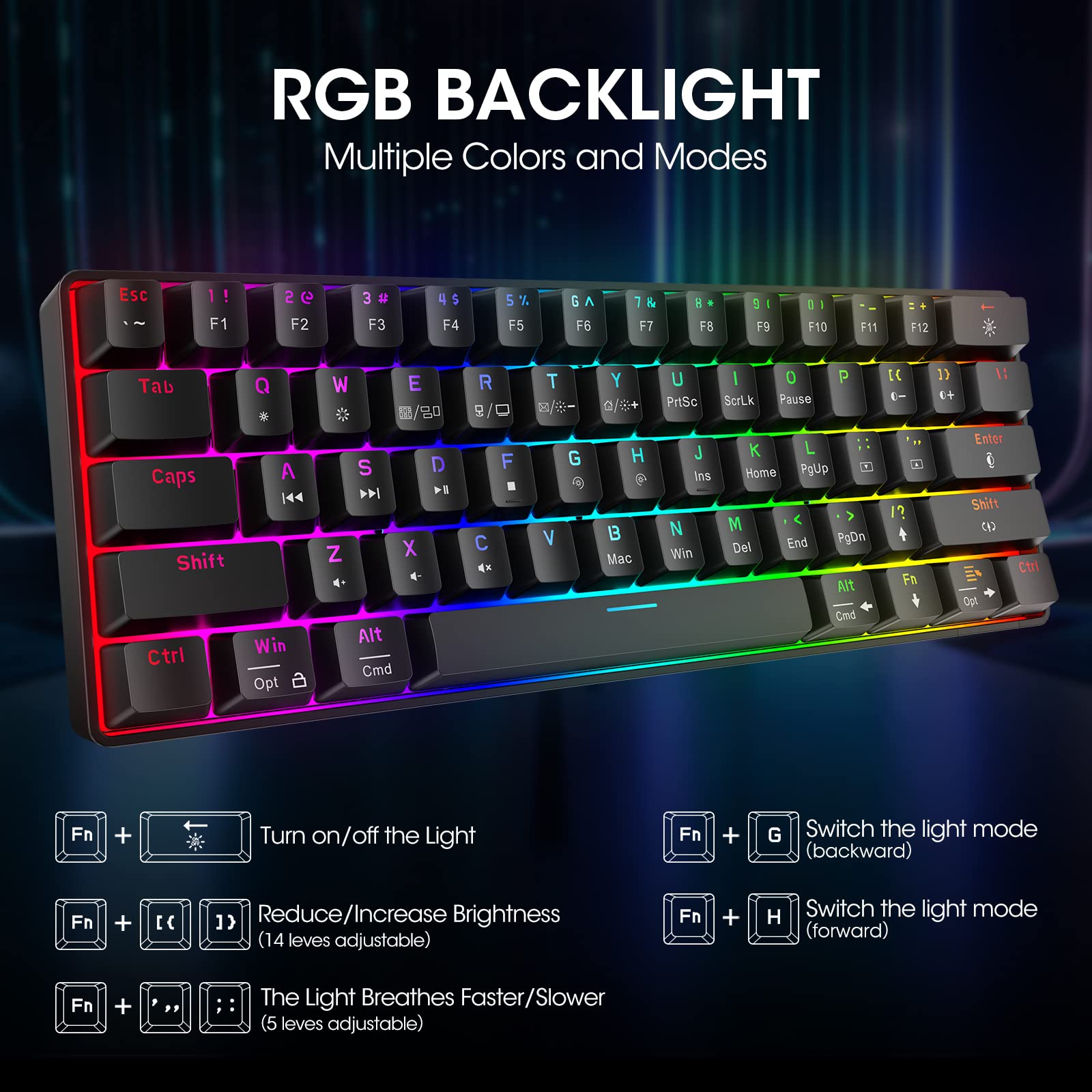 KOORUI 60% Gaming Keyboards, 61 Keys Wired Ultra-Compact Mechanical Keyboard 26 RGB Backlit with Red Switch Mini Keyboards for Windows MacOS Linux - View 4 of 6