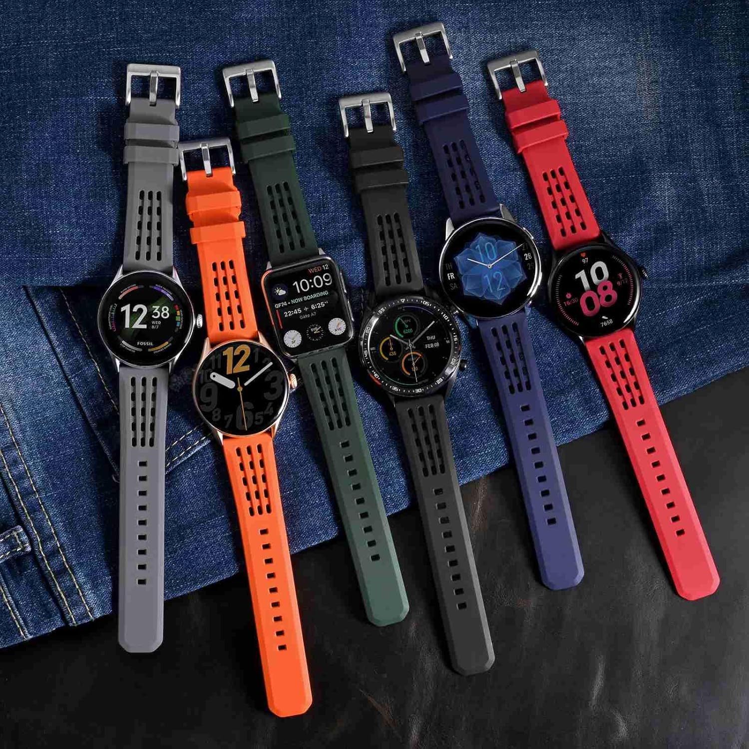 WOCCI WOCCI 22mm Rally Watch Band FKM Rubber Strap Quick Release Black Matte Buckle Red - View 7 of 9