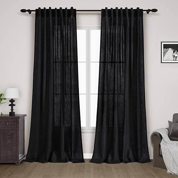 Nanspring Black Linen Curtains 84 Inches Long 2 Panels Light Filtering Privacy Sheer Modern Farmhouse Cotton Textured Gauze for Bedroom Living Room