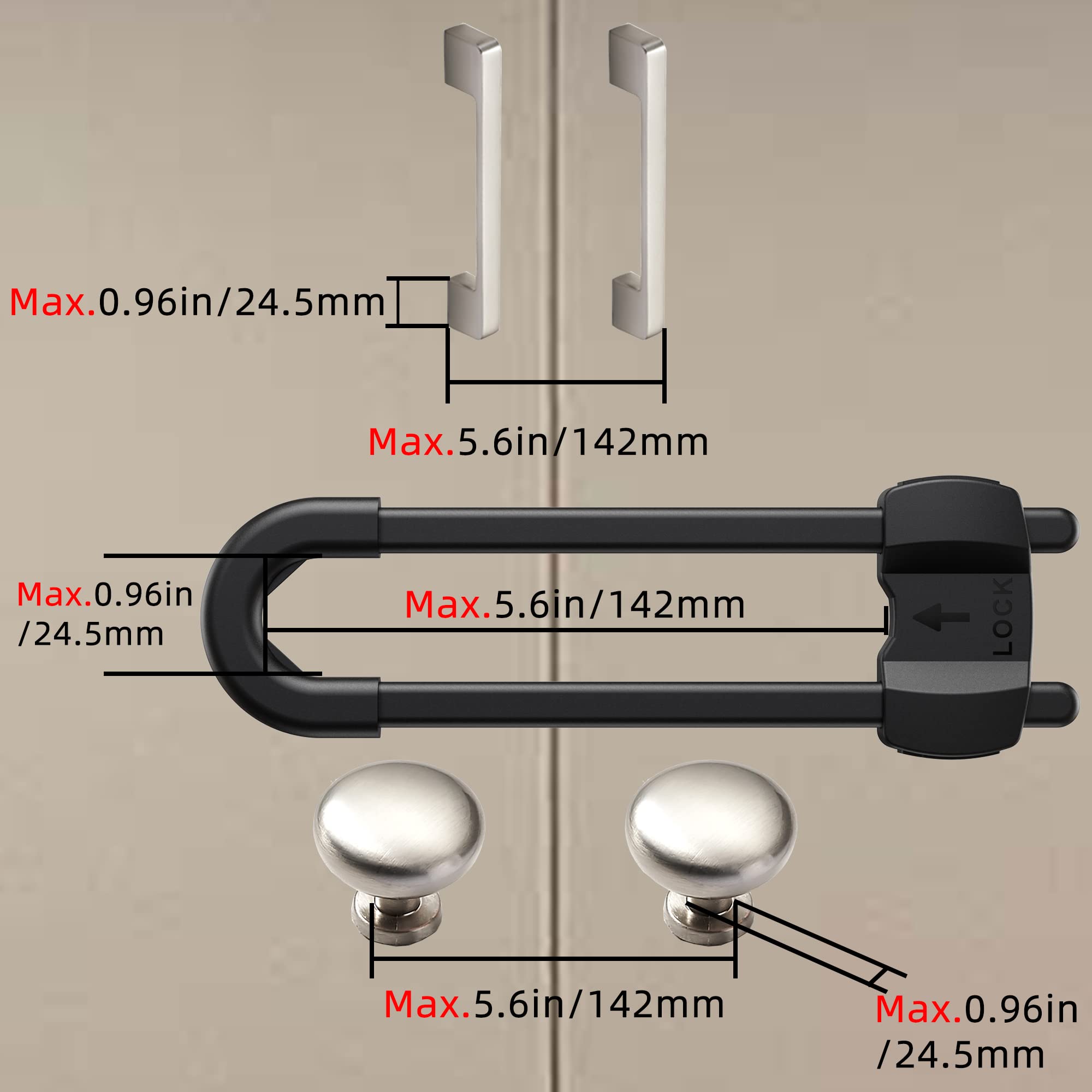 TERDEWE 10 Pack Black 4 Button Cabinet Locks Adjustable U Shaped Child Safety Locks for Wardrobe Kitchen Bathroom Drawer Fridge Cupboard Doors - View 4 of 5