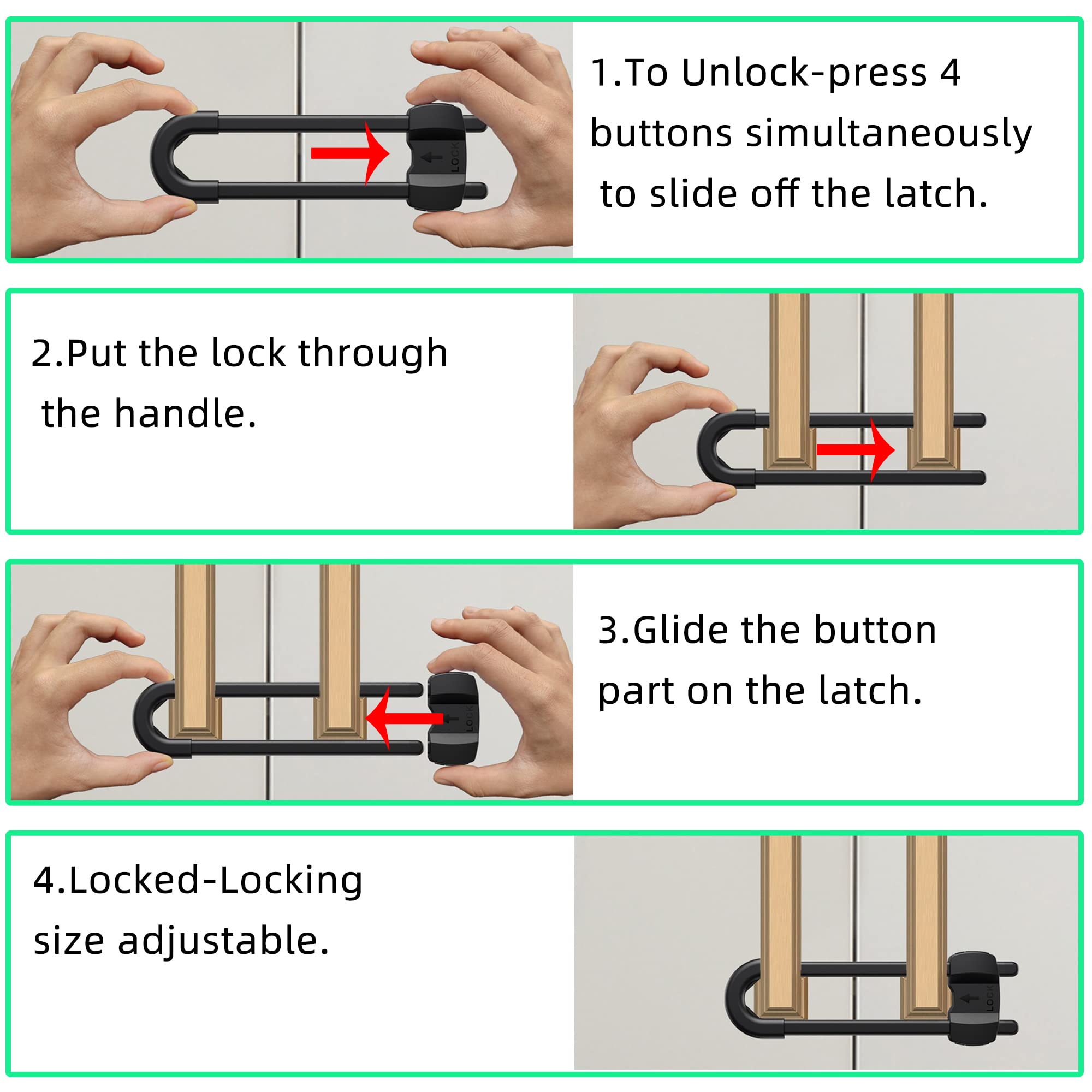 TERDEWE 10 Pack Black 4 Button Cabinet Locks Adjustable U Shaped Child Safety Locks for Wardrobe Kitchen Bathroom Drawer Fridge Cupboard Doors - View 5 of 5
