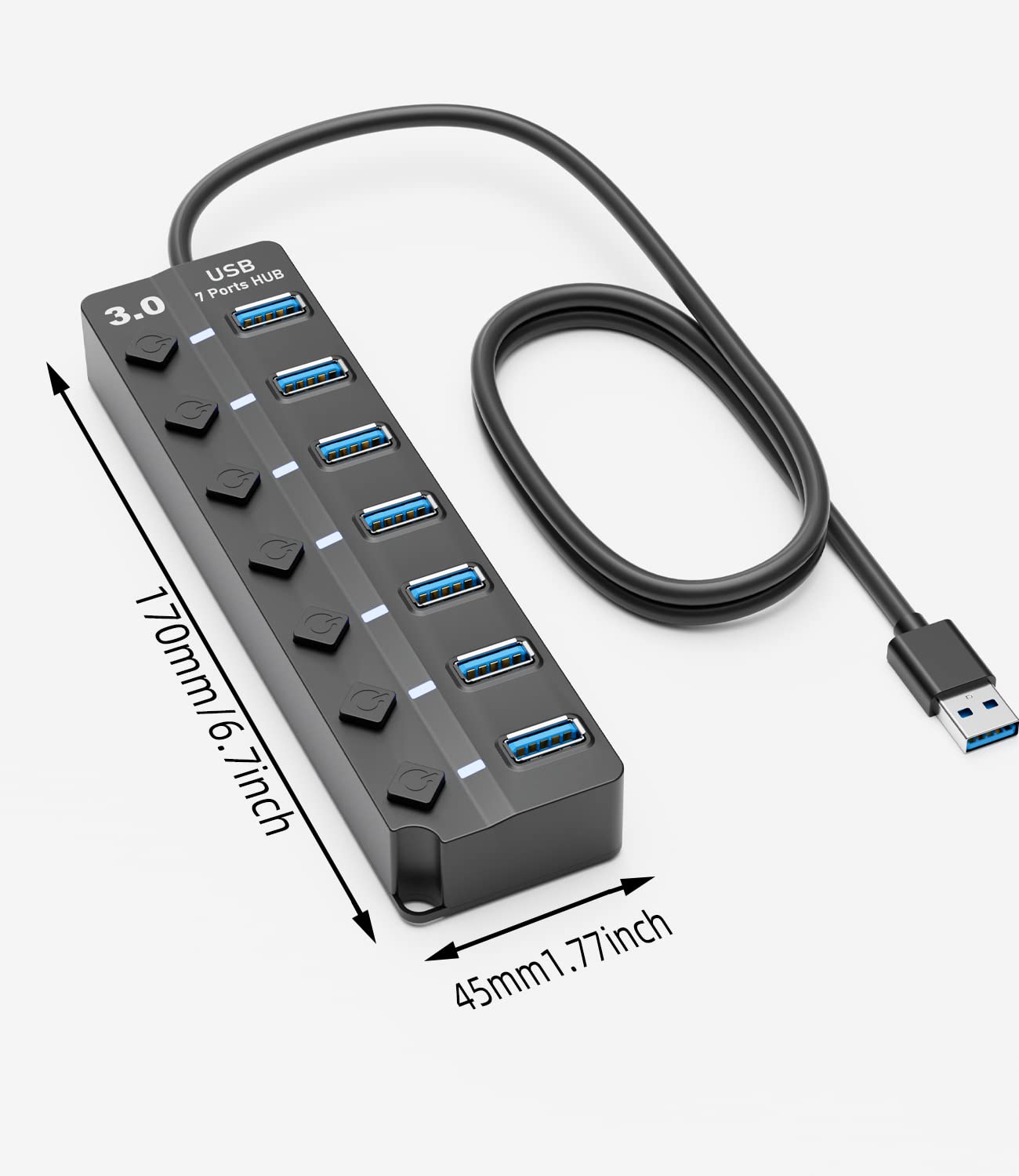 PANPEO PANPEO 7-Port USB 3.0 Hub Splitter with 3ft Cable for Laptop PC Surface Pro PS4 PS5 Flash Drive Mobile HDD with LED On Off Switch - View 2 of 7