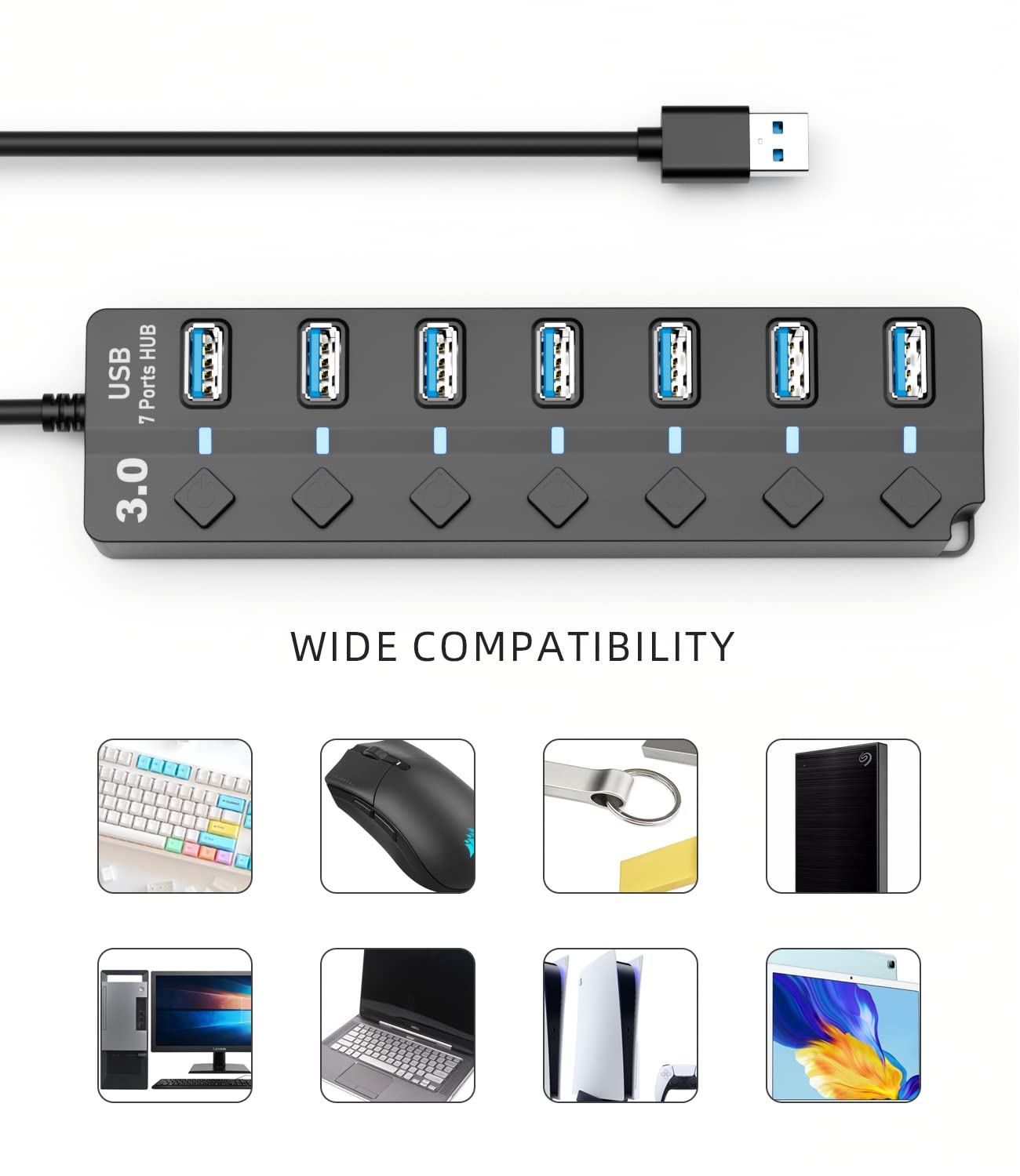 PANPEO PANPEO 7-Port USB 3.0 Hub Splitter with 3ft Cable for Laptop PC Surface Pro PS4 PS5 Flash Drive Mobile HDD with LED On Off Switch - View 7 of 7