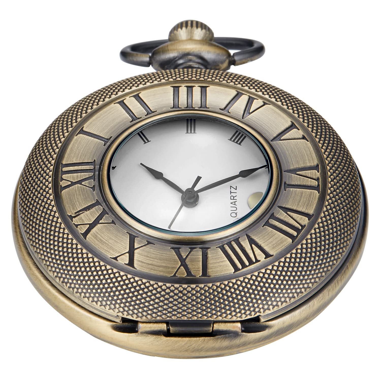 Realpoo Hollow Roman Digital Pocket Watch Cover for Men Quartz Pocket Watch with Chain HVQ-bronze Calendar Roman Dial - View 2 of 8