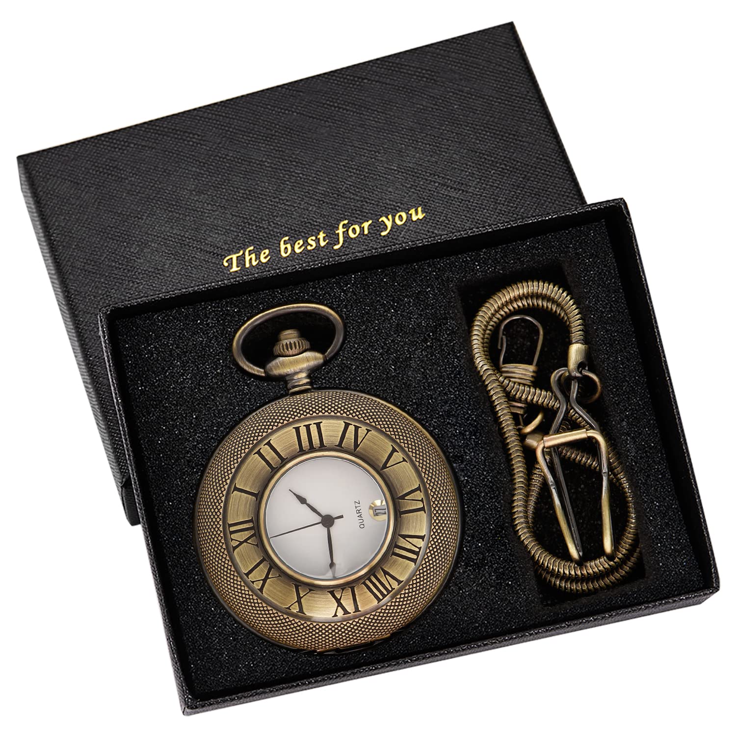 Realpoo Hollow Roman Digital Pocket Watch Cover for Men Quartz Pocket Watch with Chain HVQ-bronze Calendar Roman Dial - View 3 of 8