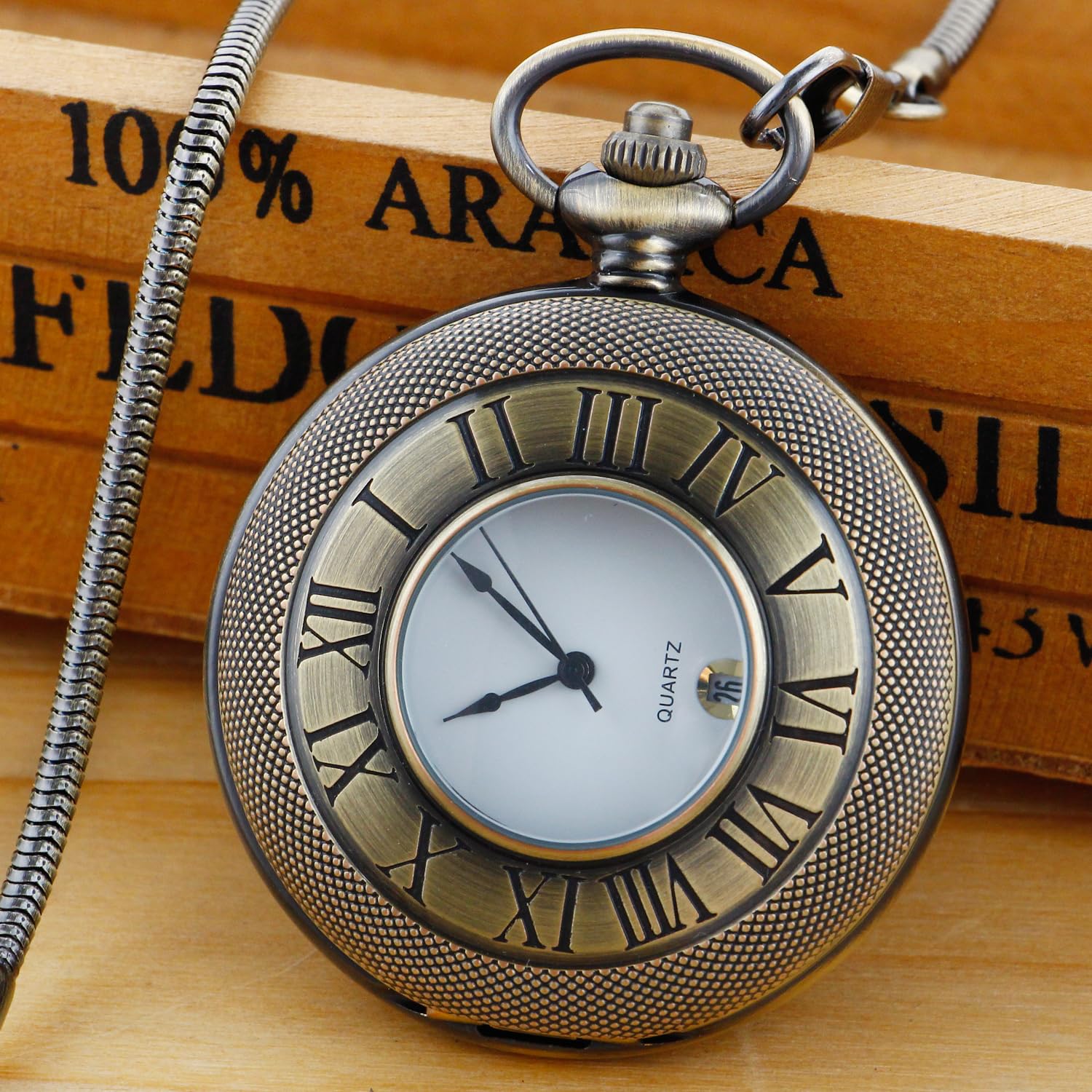 Realpoo Hollow Roman Digital Pocket Watch Cover for Men Quartz Pocket Watch with Chain HVQ-bronze Calendar Roman Dial - View 4 of 8