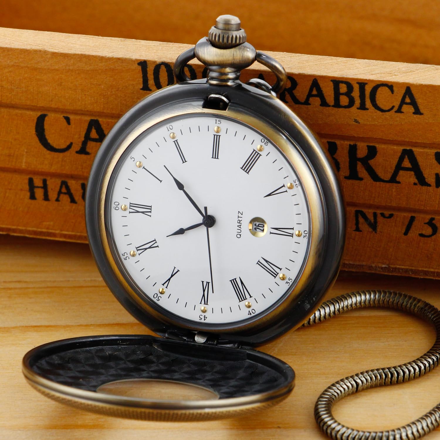 Realpoo Hollow Roman Digital Pocket Watch Cover for Men Quartz Pocket Watch with Chain HVQ-bronze Calendar Roman Dial - View 5 of 8