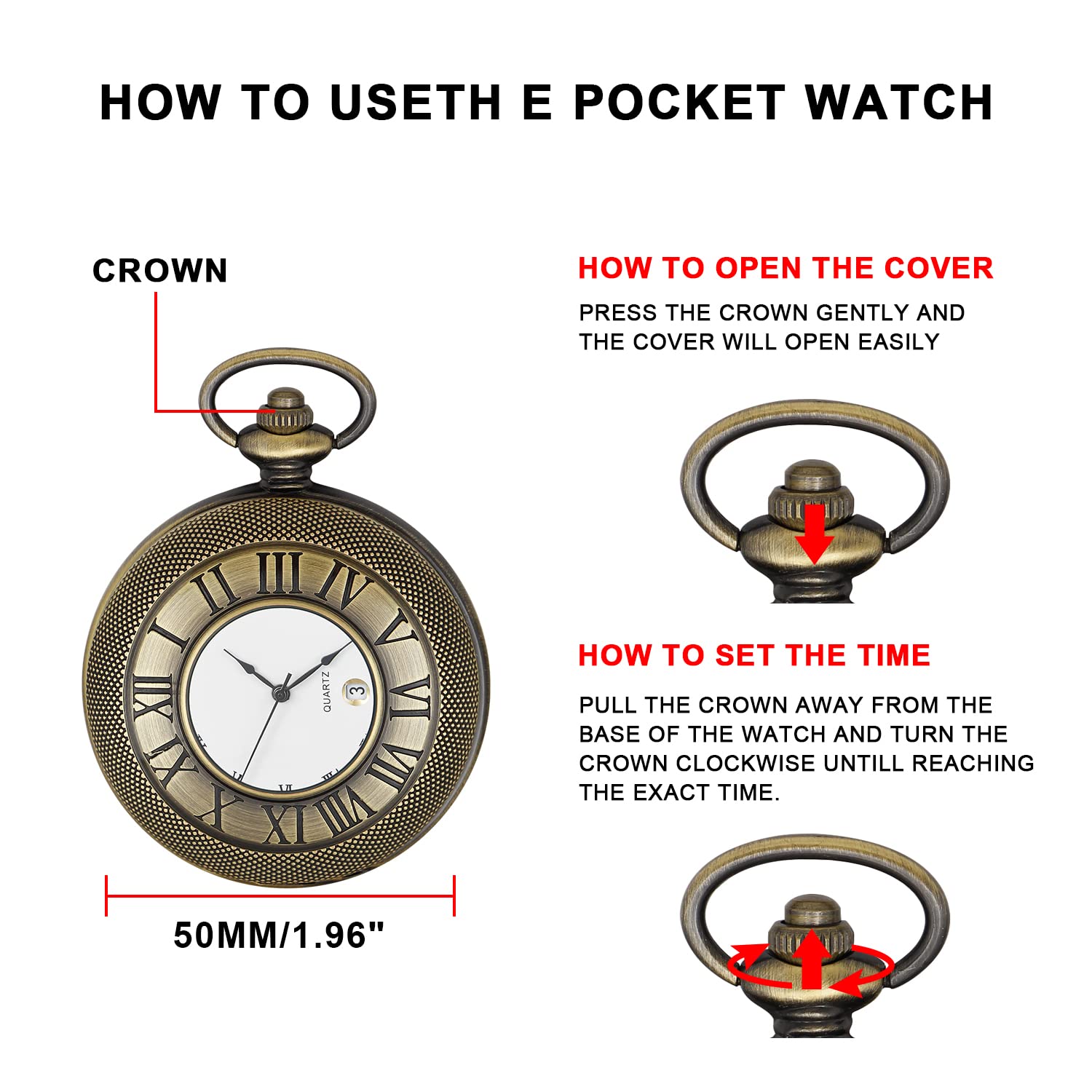 Realpoo Hollow Roman Digital Pocket Watch Cover for Men Quartz Pocket Watch with Chain HVQ-bronze Calendar Roman Dial - View 7 of 8