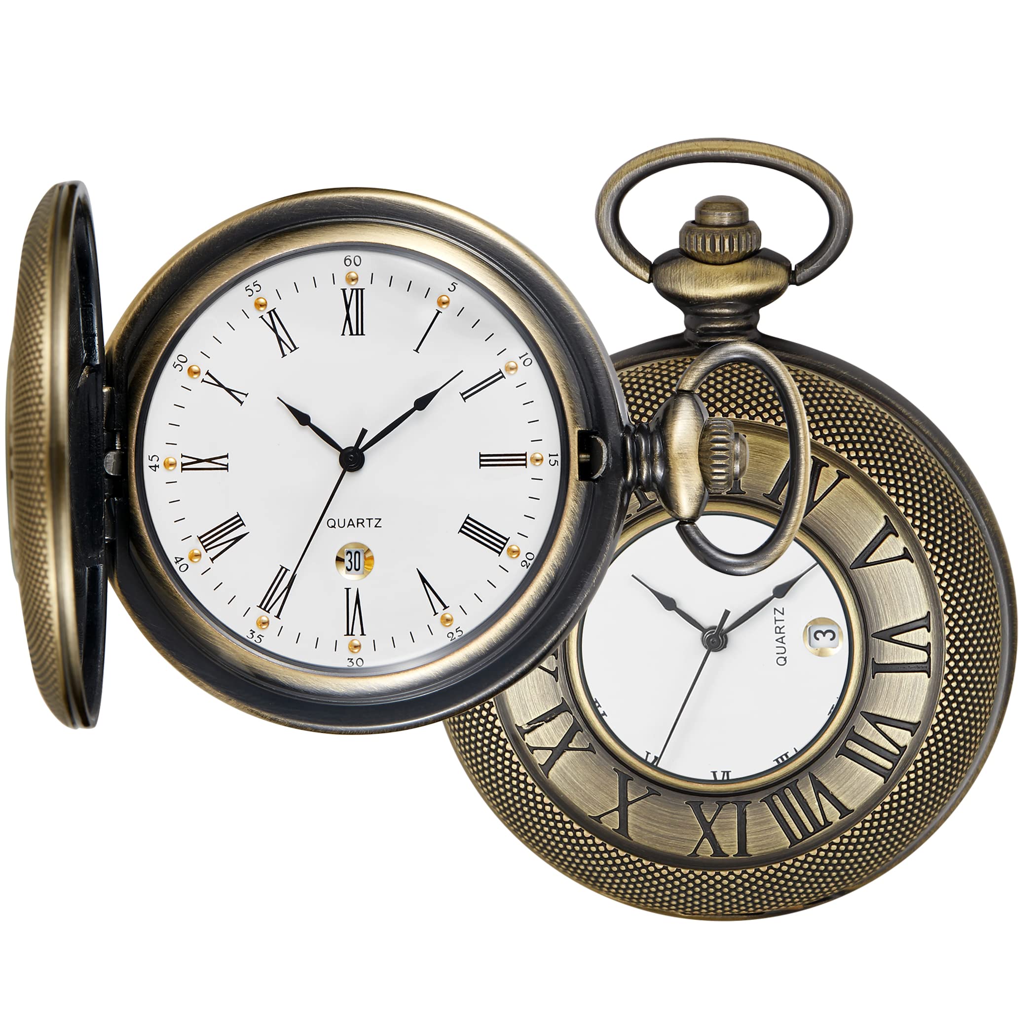 Realpoo Hollow Roman Digital Pocket Watch Cover for Men Quartz Pocket Watch with Chain HVQ-bronze Calendar Roman Dial