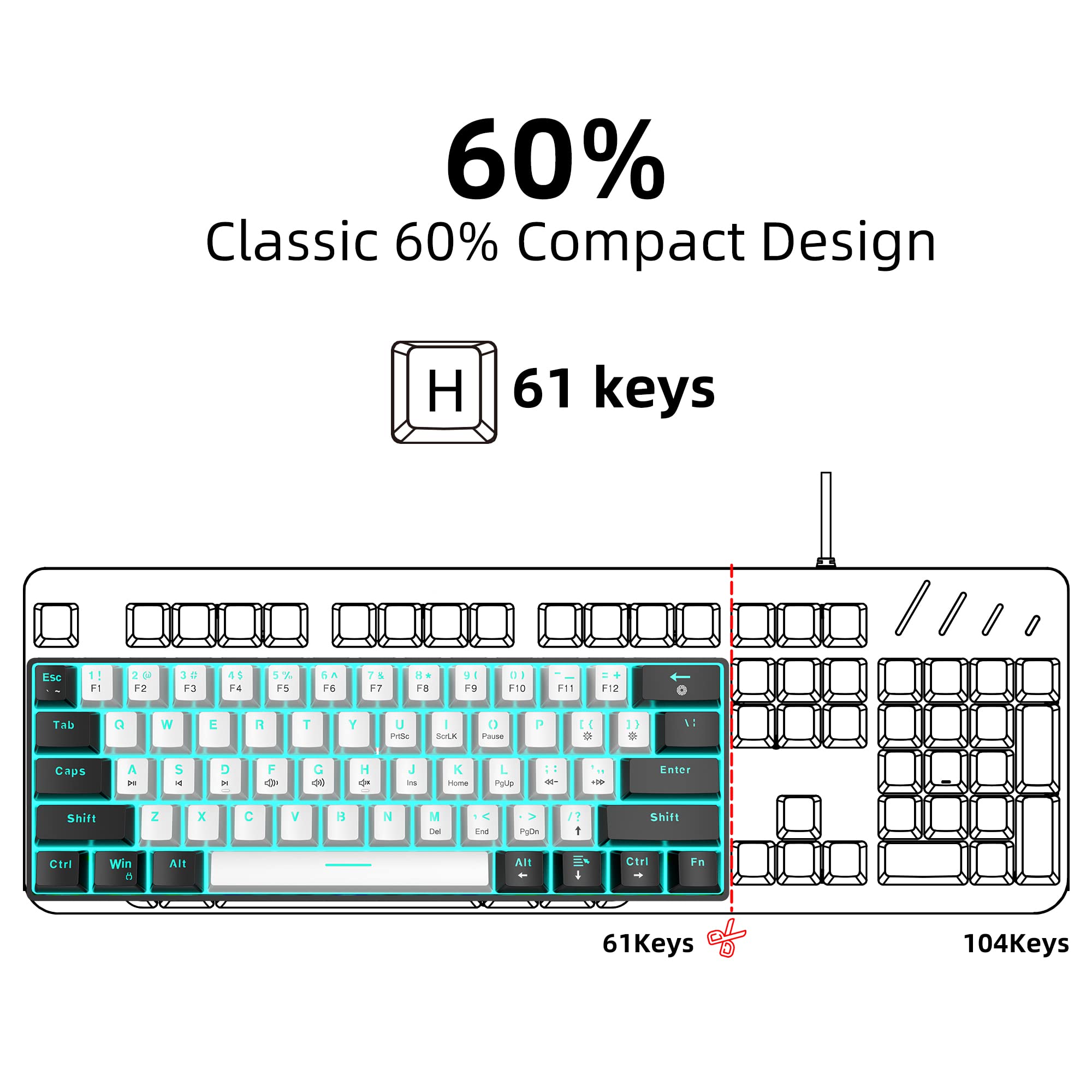 Snpurdiri 60% Wired Mechanical Gaming Keyboard, Ice Blue LED Backlit 61 Keys Mini Wired Office Keyboard for Windows Laptop PC Mac (Black-White, Brown - View 5 of 7