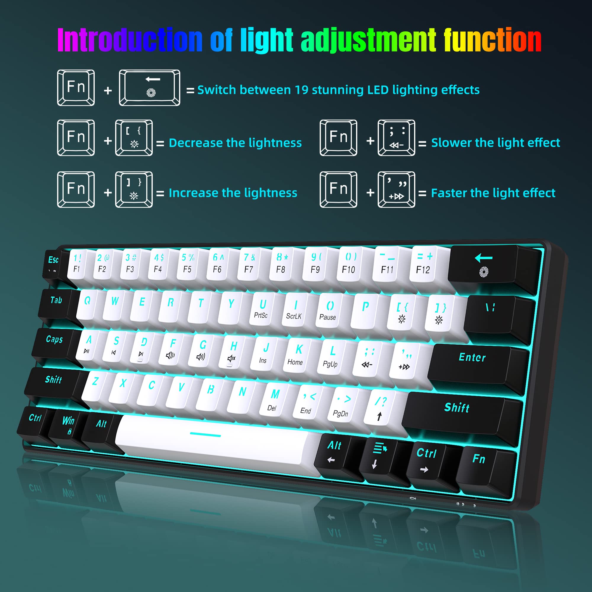 Snpurdiri 60% Wired Mechanical Gaming Keyboard, Ice Blue LED Backlit 61 Keys Mini Wired Office Keyboard for Windows Laptop PC Mac (Black-White, Red - View 4 of 7