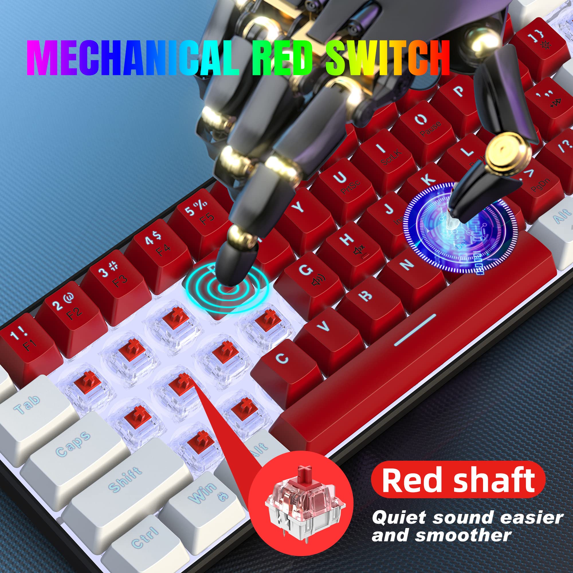 Snpurdiri Wired 60% Mechanical Gaming Keyboard, White LED Backlit Ultra-Compact Small Office Keyboard for Windows Laptop PC Mac (White-Red, Red - View 4 of 9