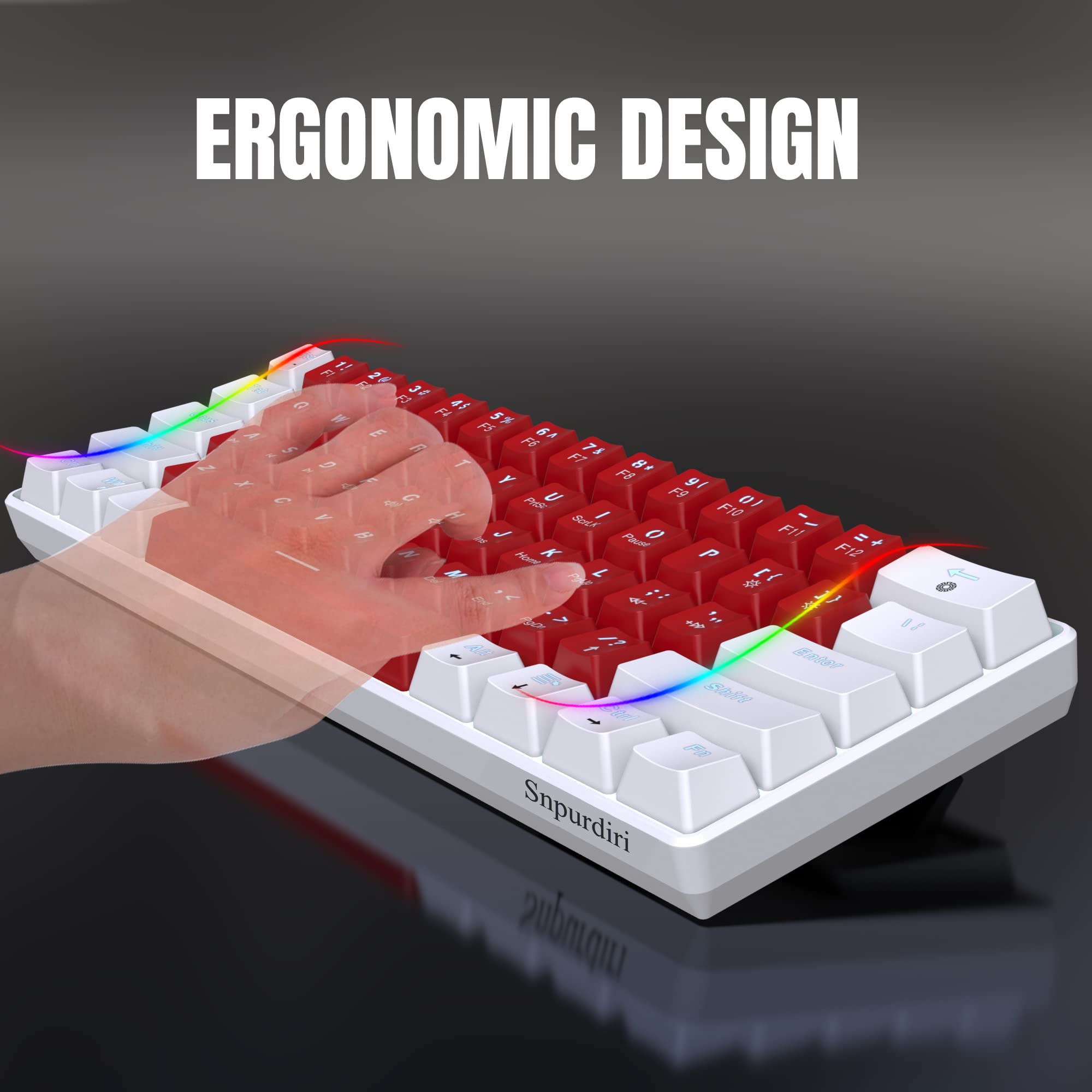 Snpurdiri Wired 60% Mechanical Gaming Keyboard, White LED Backlit Ultra-Compact Small Office Keyboard for Windows Laptop PC Mac (White-Red, Red - View 5 of 9