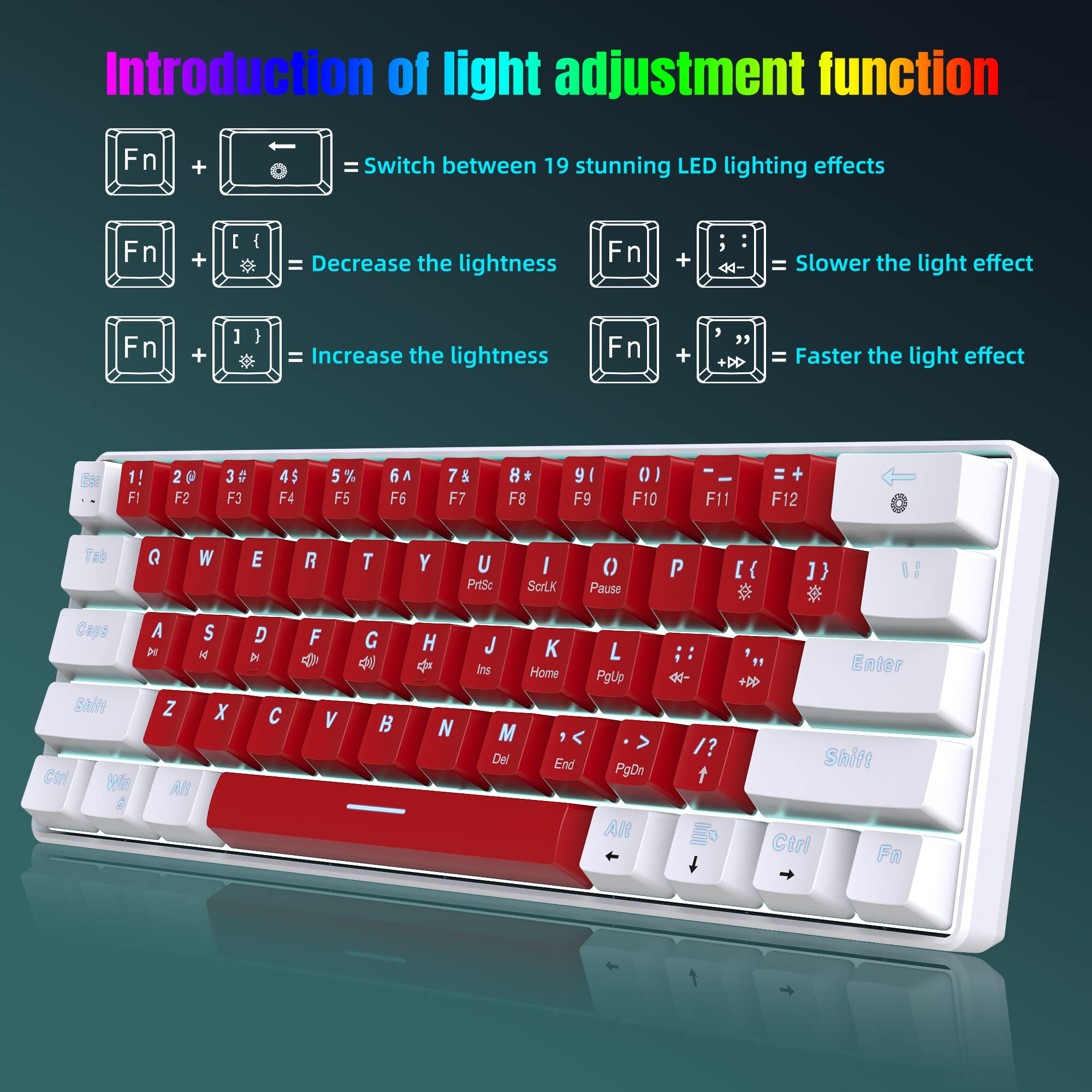Snpurdiri Wired 60% Mechanical Gaming Keyboard, White LED Backlit Ultra-Compact Small Office Keyboard for Windows Laptop PC Mac (White-Red, Red - View 6 of 9