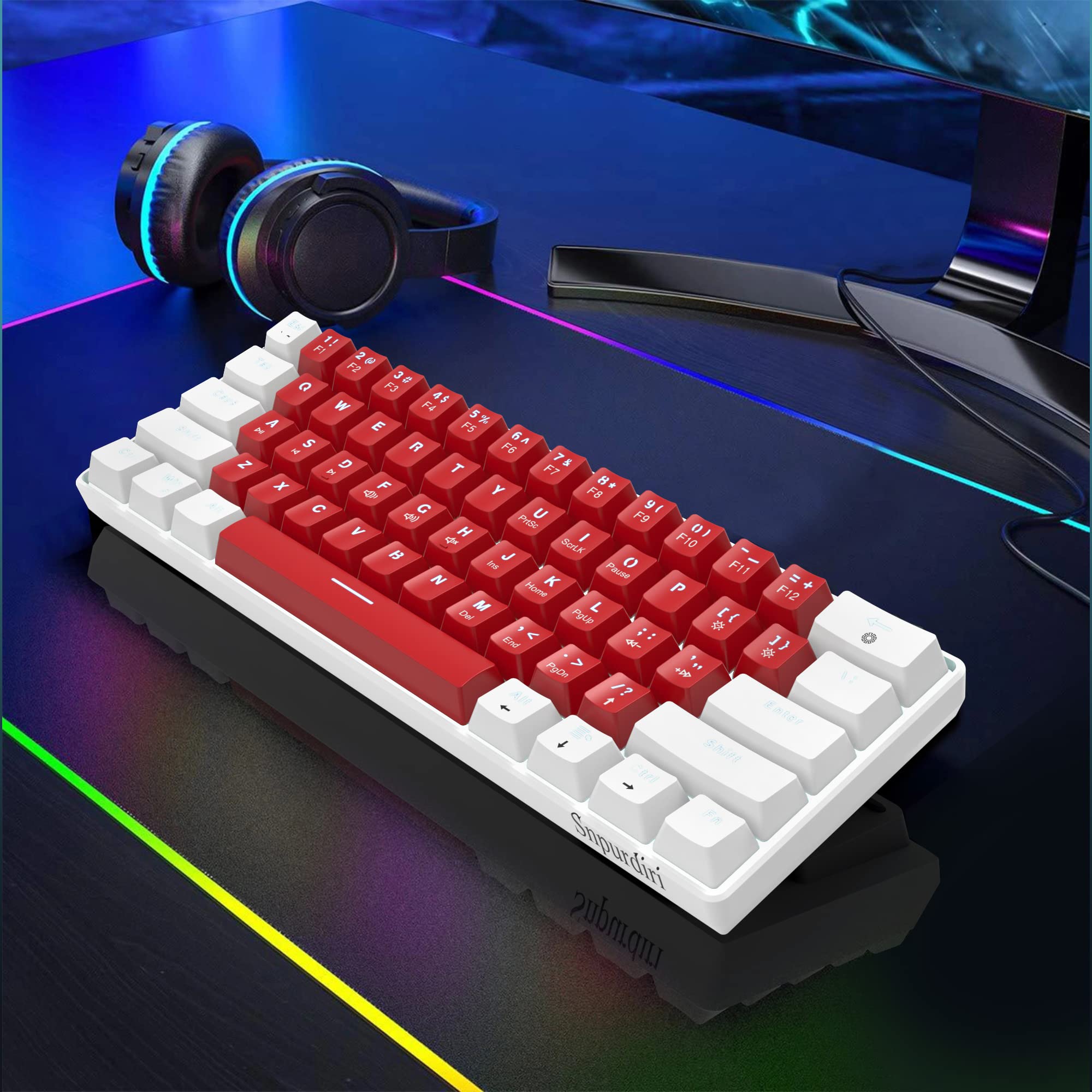 Snpurdiri Wired 60% Mechanical Gaming Keyboard, White LED Backlit Ultra-Compact Small Office Keyboard for Windows Laptop PC Mac (White-Red, Red - View 7 of 9