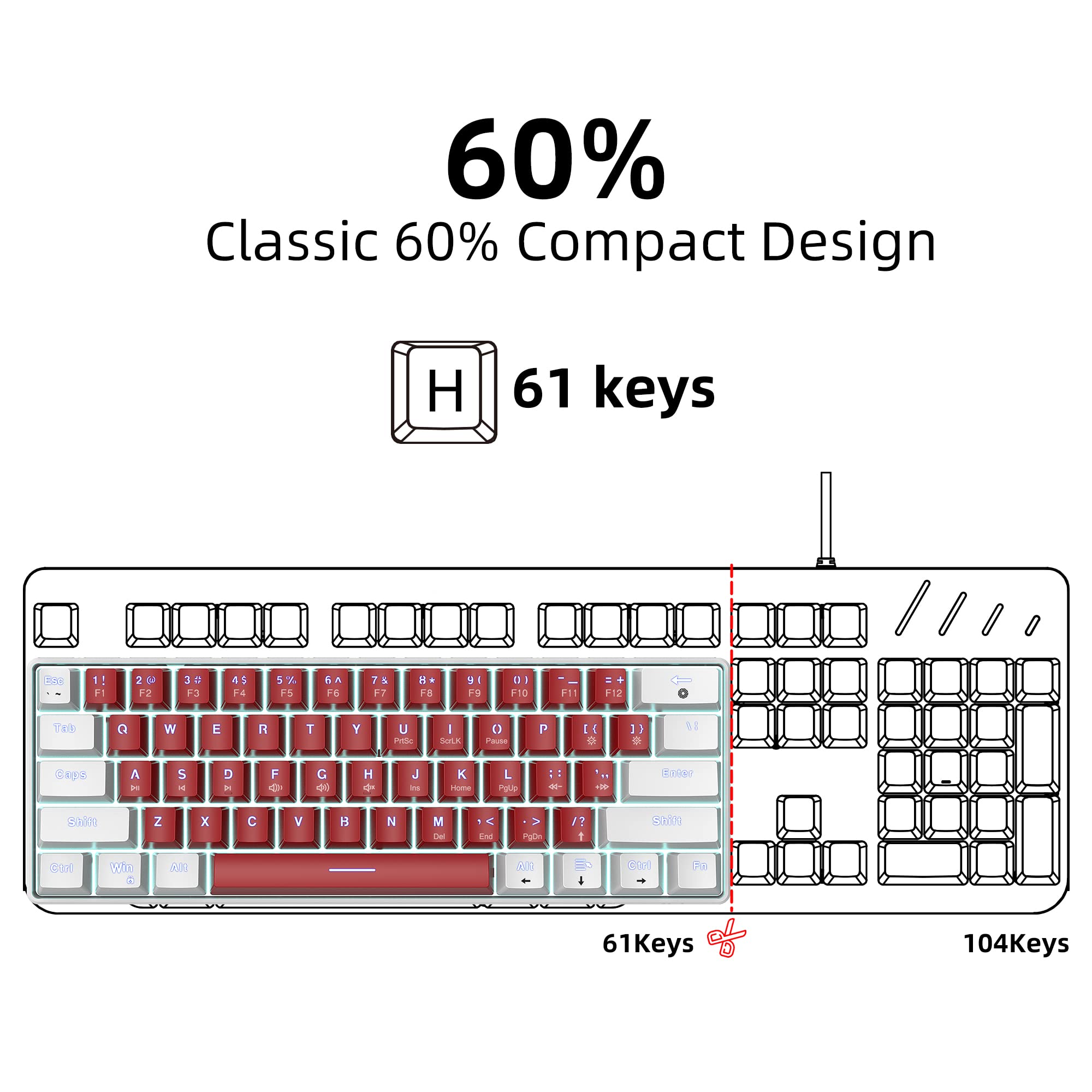 Snpurdiri Wired 60% Mechanical Gaming Keyboard, White LED Backlit Ultra-Compact Small Office Keyboard for Windows Laptop PC Mac (White-Red, Red - View 8 of 9