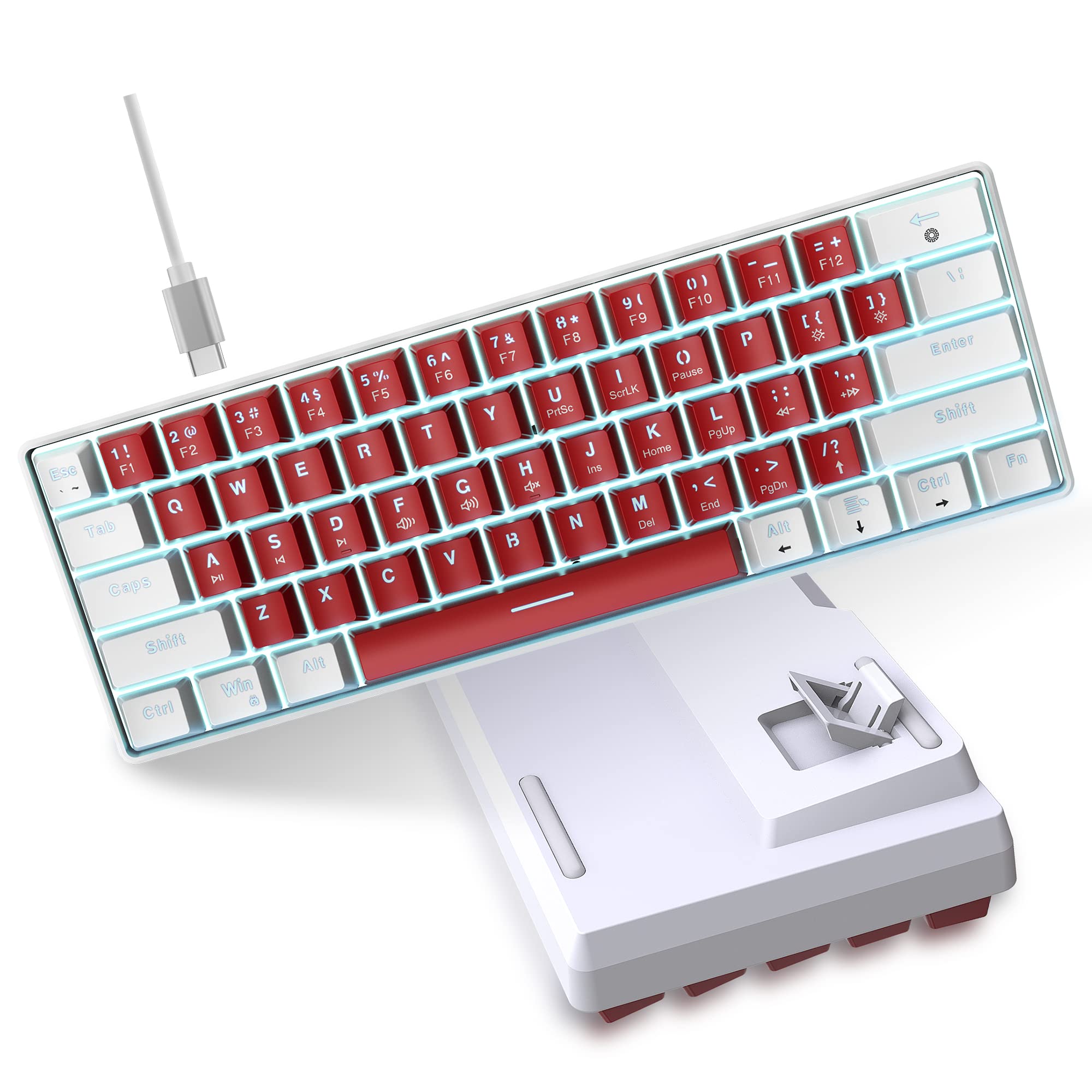 Snpurdiri Wired 60% Mechanical Gaming Keyboard, White LED Backlit Ultra-Compact Small Office Keyboard for Windows Laptop PC Mac (White-Red, Red - View 9 of 9