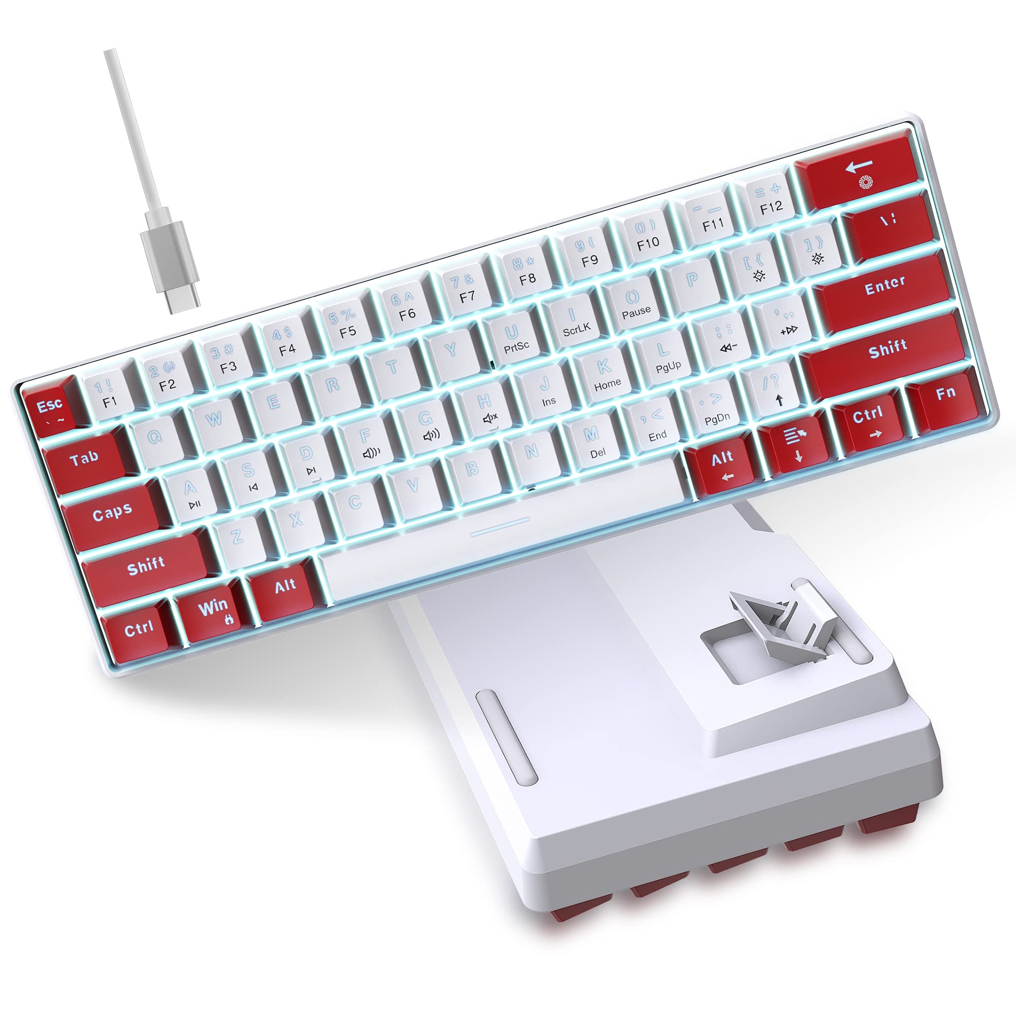 Snpurdiri Wired 60% Mechanical Gaming Keyboard, White LED Backlit Ultra-Compact Mini Office Keyboard for Windows Laptop PC Mac (Red-White, Red - View 2 of 7