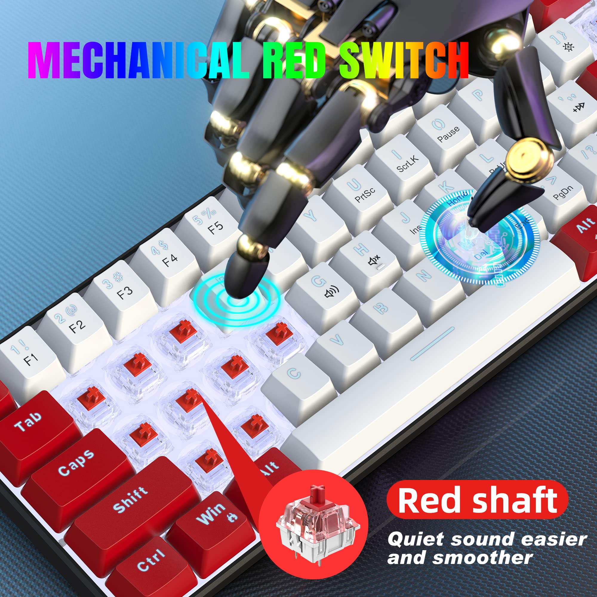 Snpurdiri Wired 60% Mechanical Gaming Keyboard, White LED Backlit Ultra-Compact Mini Office Keyboard for Windows Laptop PC Mac (Red-White, Red - View 4 of 7