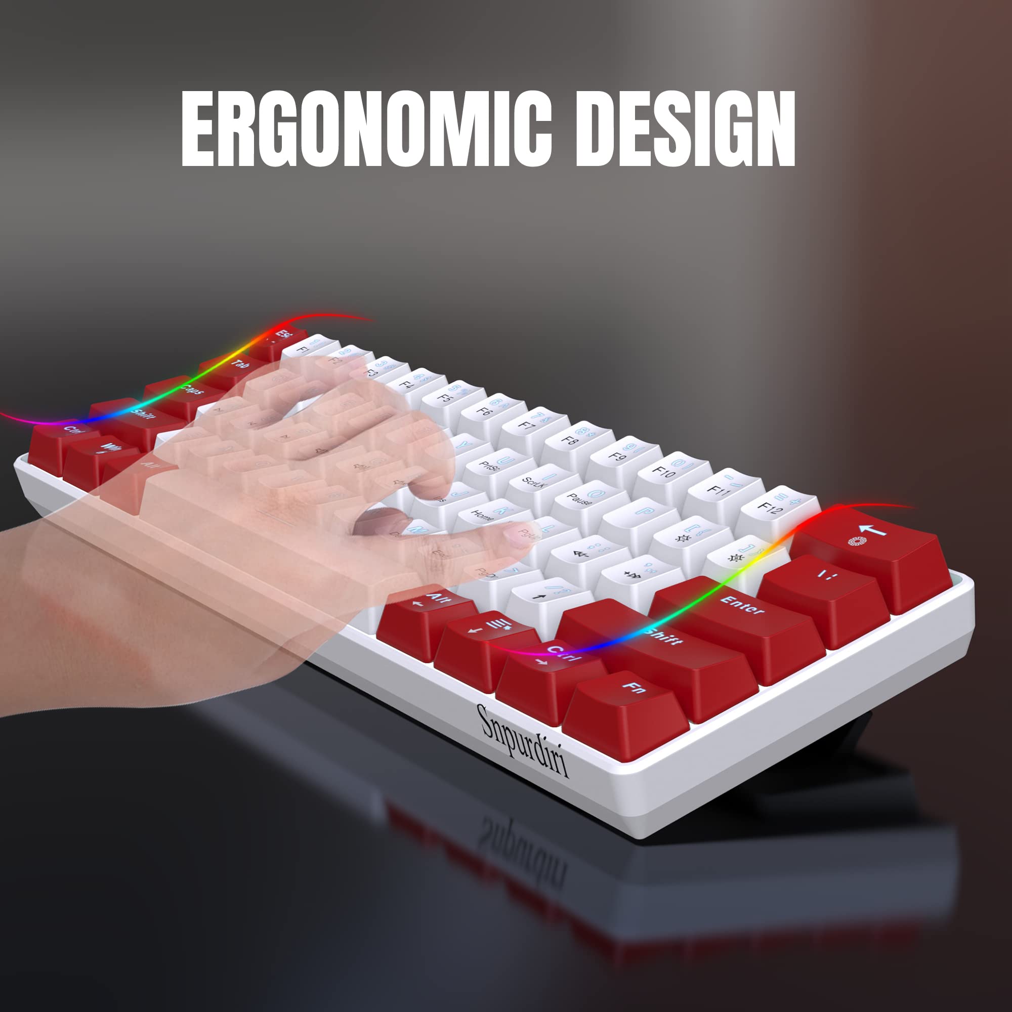 Snpurdiri Wired 60% Mechanical Gaming Keyboard, White LED Backlit Ultra-Compact Mini Office Keyboard for Windows Laptop PC Mac (Red-White, Red - View 5 of 7