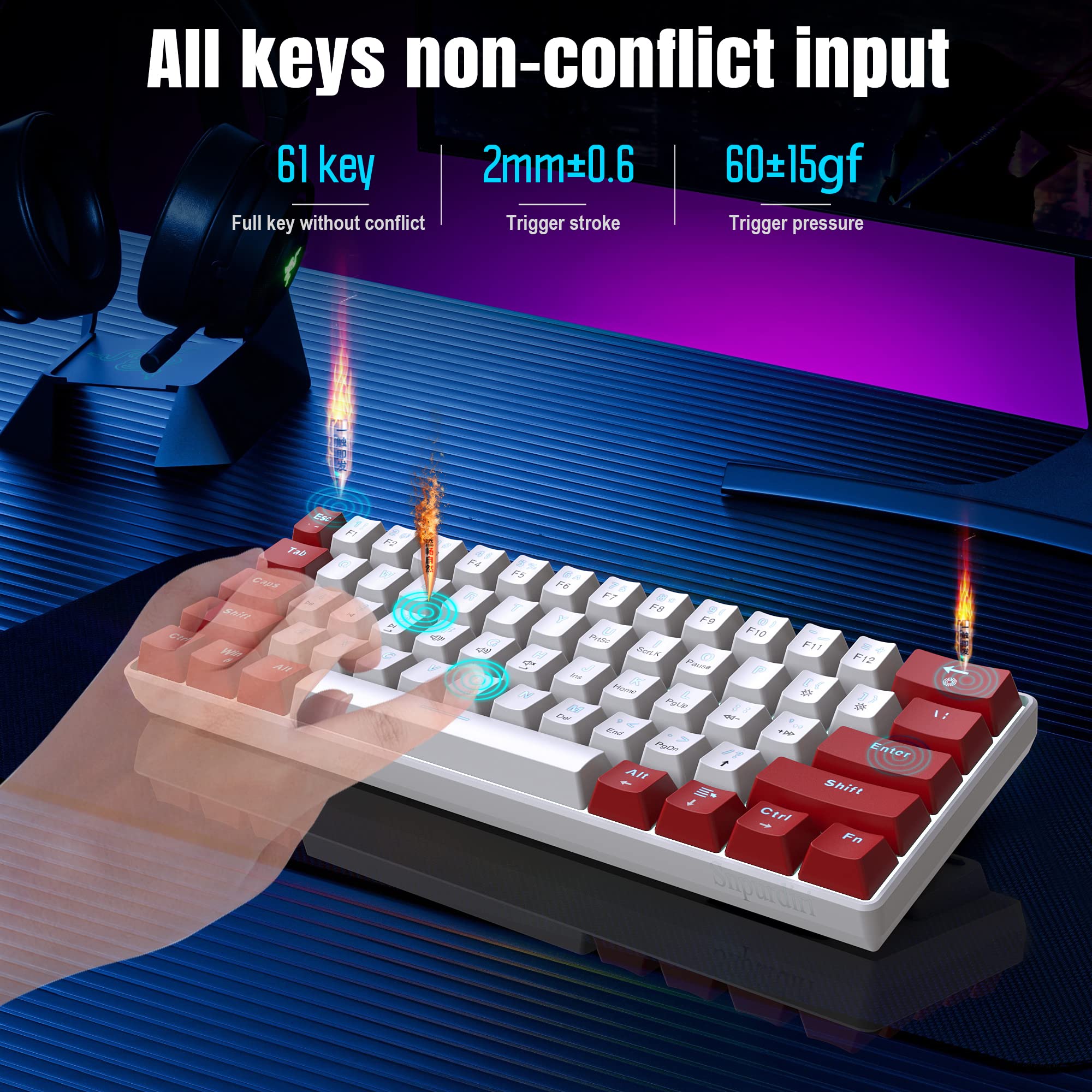 Snpurdiri Wired 60% Mechanical Gaming Keyboard, White LED Backlit Ultra-Compact Mini Office Keyboard for Windows Laptop PC Mac (Red-White, Red - View 7 of 7