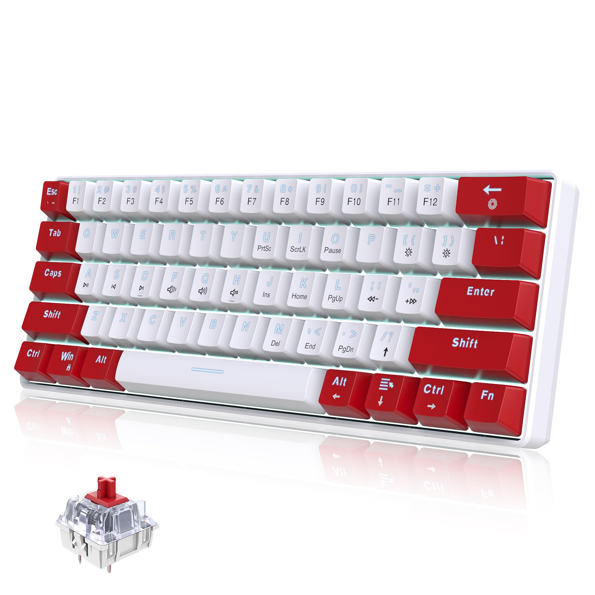 Snpurdiri Wired 60% Mechanical Gaming Keyboard, White LED Backlit Ultra-Compact Mini Office Keyboard for Windows Laptop PC Mac (Red-White, Red