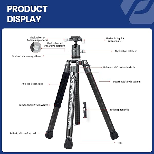 Fotopro Fotopro Carbon Fiber Tripod for Camera 2lbs Ultralight 62 Inch Travel Camera Tripod Max Loads Up 22lbs X-Aircross 3 Grey - View 9 of 9