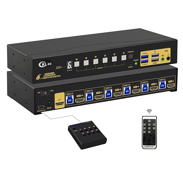 CKLau CKLau 6 Port Rack Mount KVM Switch HDMI 2.0 4K60Hz - Control 6 PCs with Hotkey, IR Remote & USB 3.0 Hub
