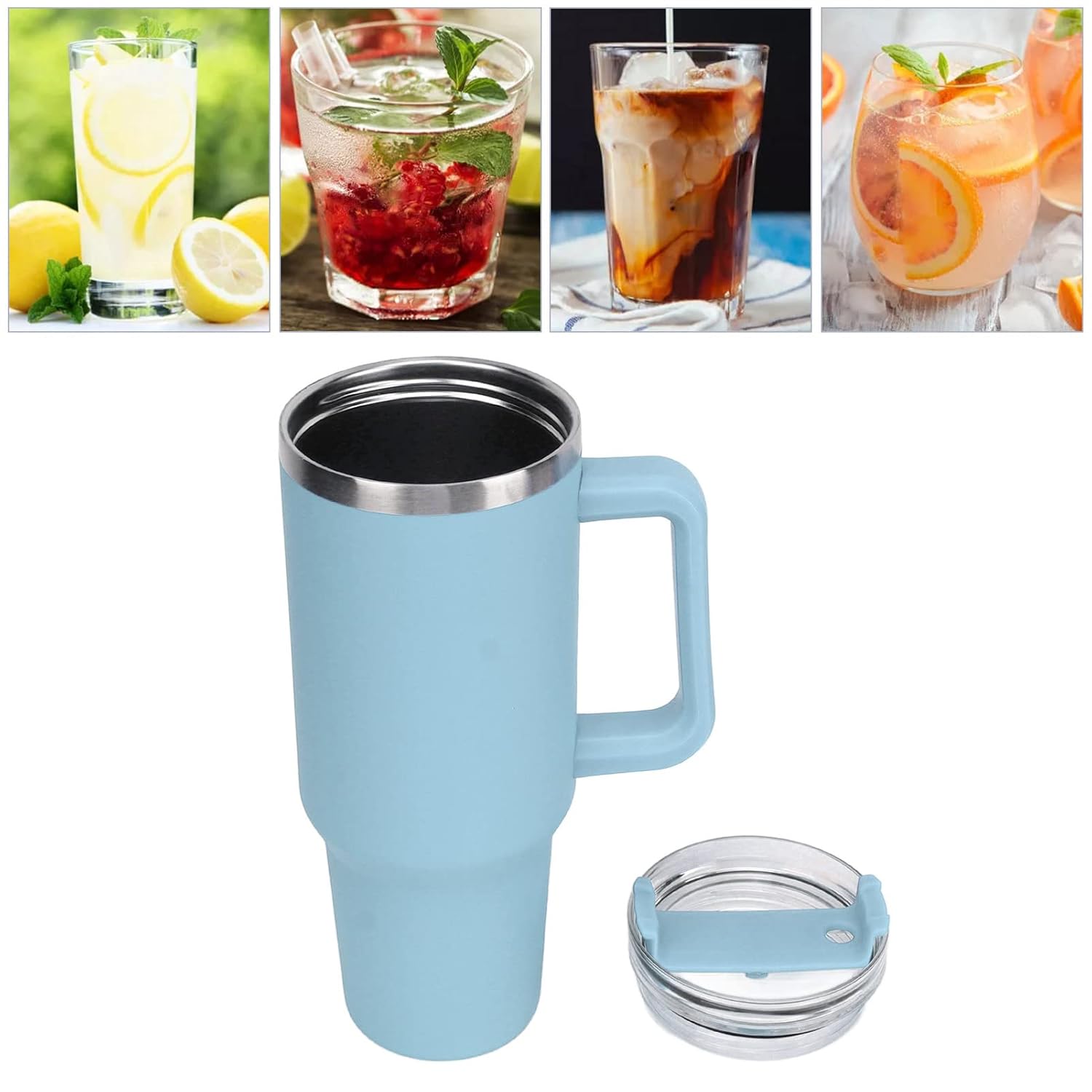 Jiawu Jiawu 40oz Tumbler with Handle and Straw Stainless Steel Insulated Water Bottle Travel Mug for Hot and Cold Beverages Light Blue - View 7 of 9