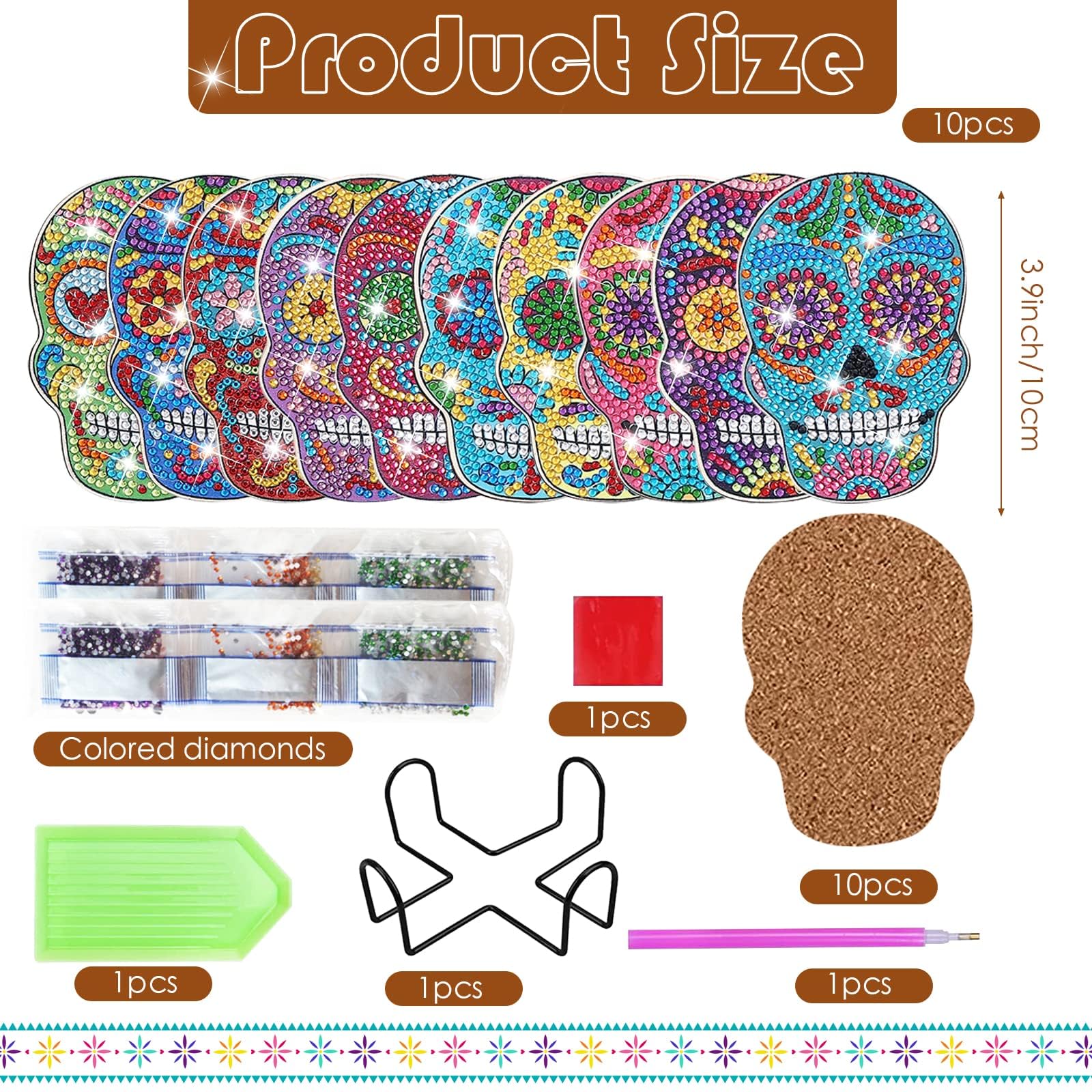 YLOLUL YLOLUL 10 Pcs Skull Shaped Diamond Painting Coasters DIY Kits for Beginners Adults Kids Art Craft Supplies Gift - View 2 of 7