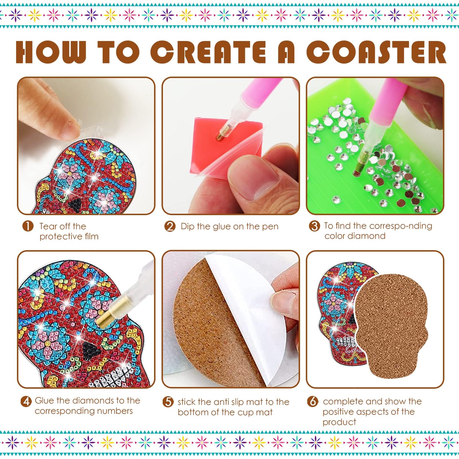 YLOLUL YLOLUL 10 Pcs Skull Shaped Diamond Painting Coasters DIY Kits for Beginners Adults Kids Art Craft Supplies Gift - View 3 of 7