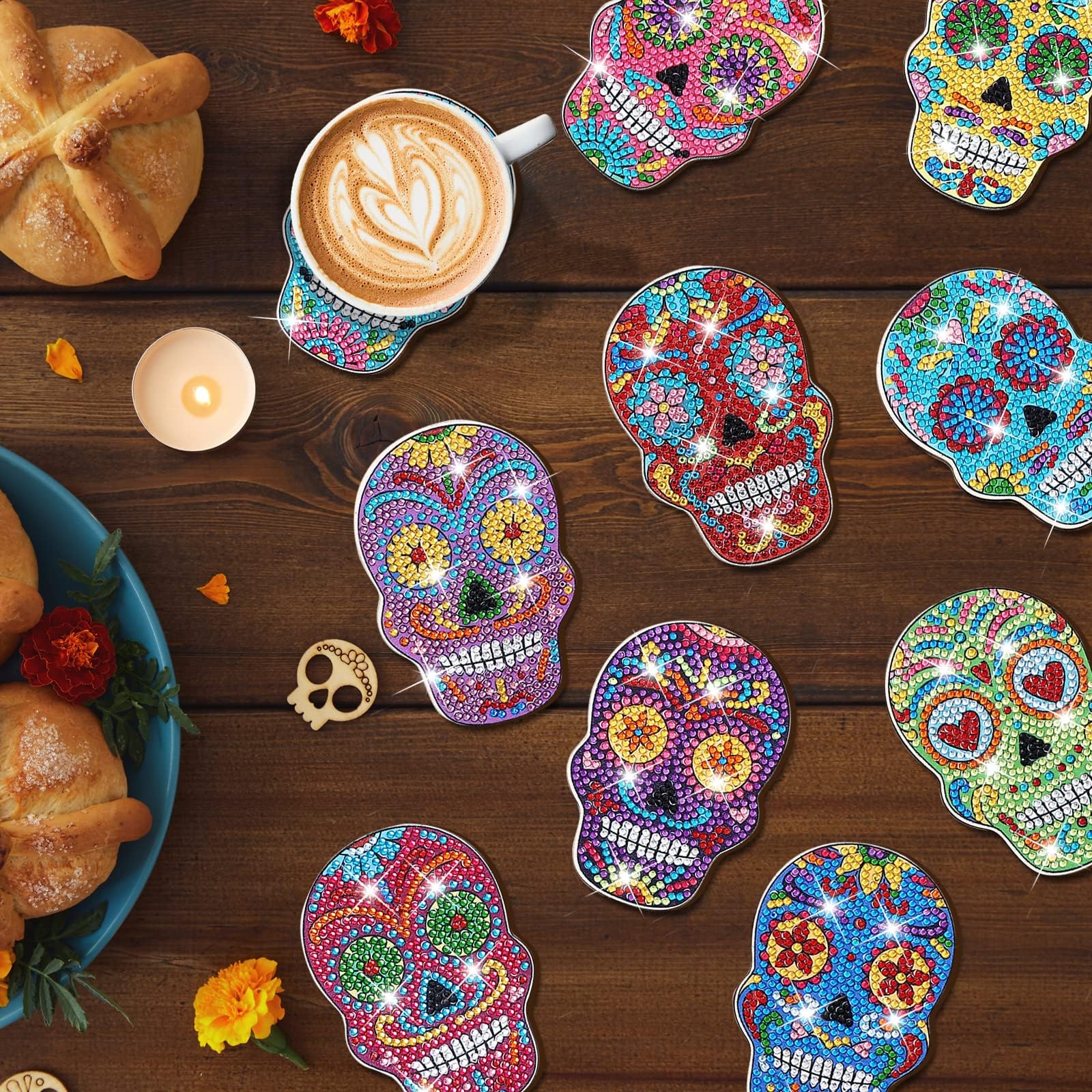 YLOLUL YLOLUL 10 Pcs Skull Shaped Diamond Painting Coasters DIY Kits for Beginners Adults Kids Art Craft Supplies Gift - View 4 of 7