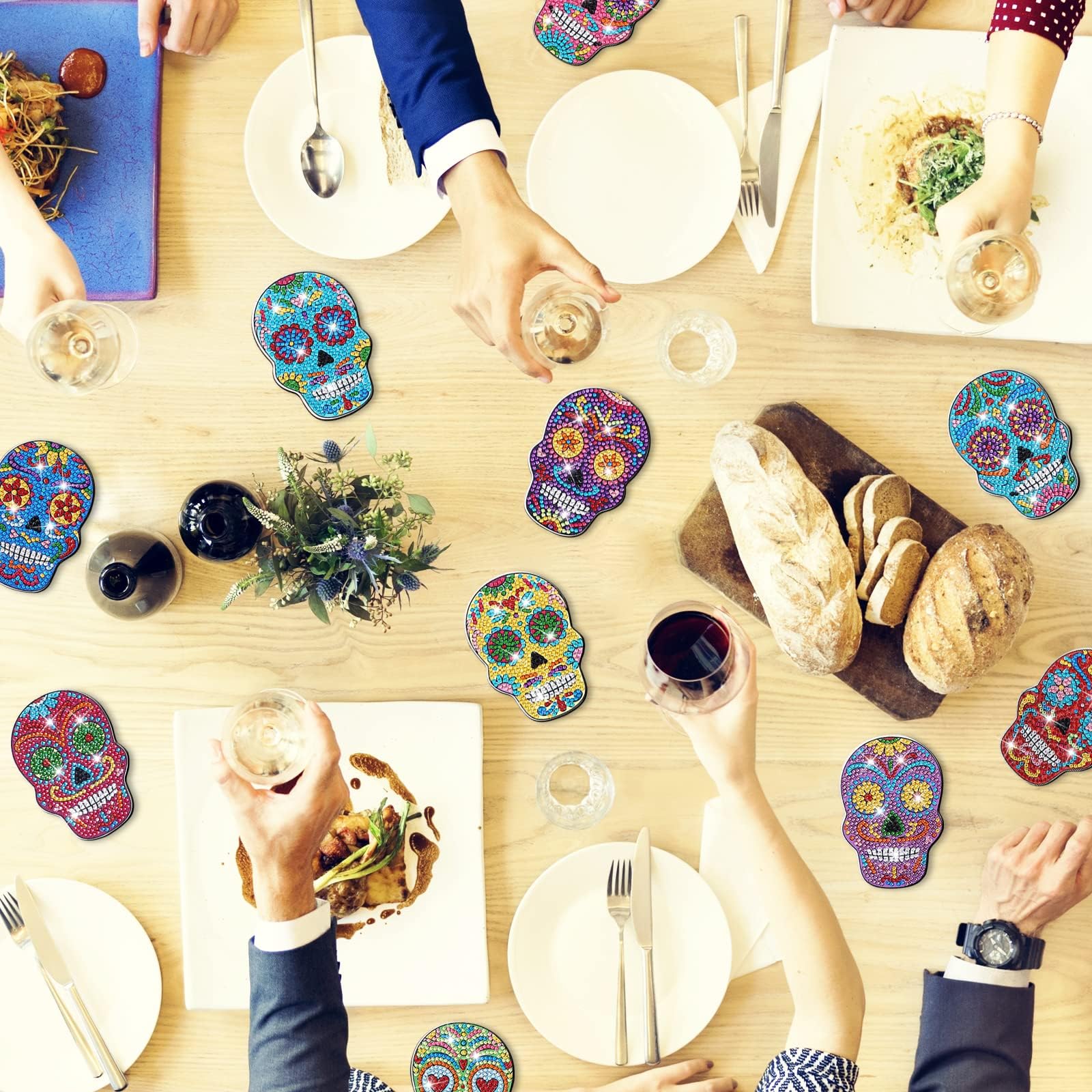 YLOLUL YLOLUL 10 Pcs Skull Shaped Diamond Painting Coasters DIY Kits for Beginners Adults Kids Art Craft Supplies Gift - View 5 of 7