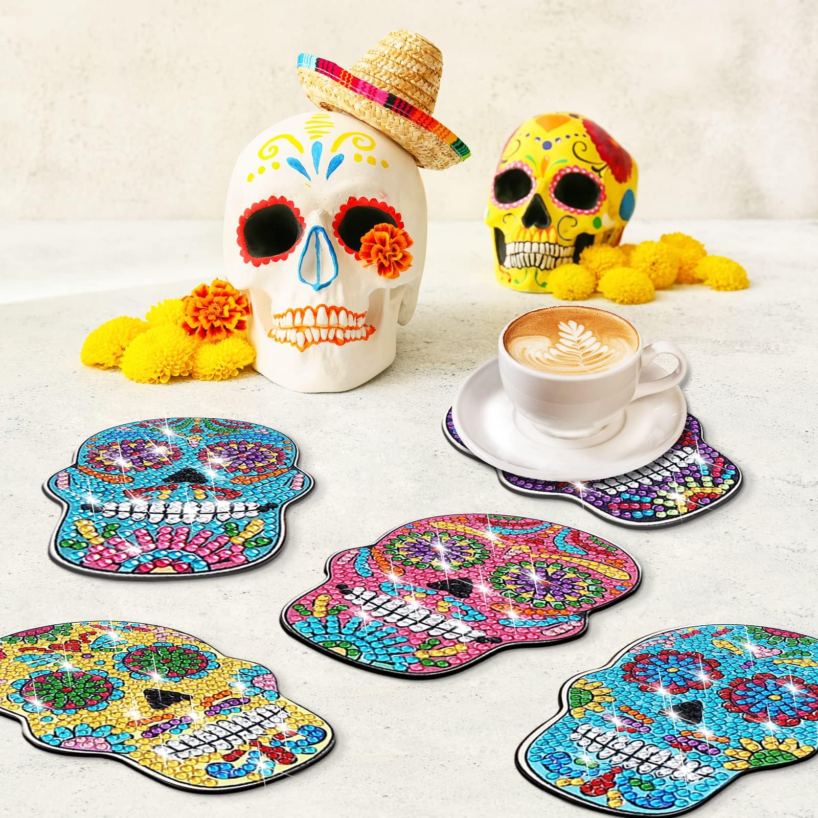 YLOLUL YLOLUL 10 Pcs Skull Shaped Diamond Painting Coasters DIY Kits for Beginners Adults Kids Art Craft Supplies Gift - View 6 of 7