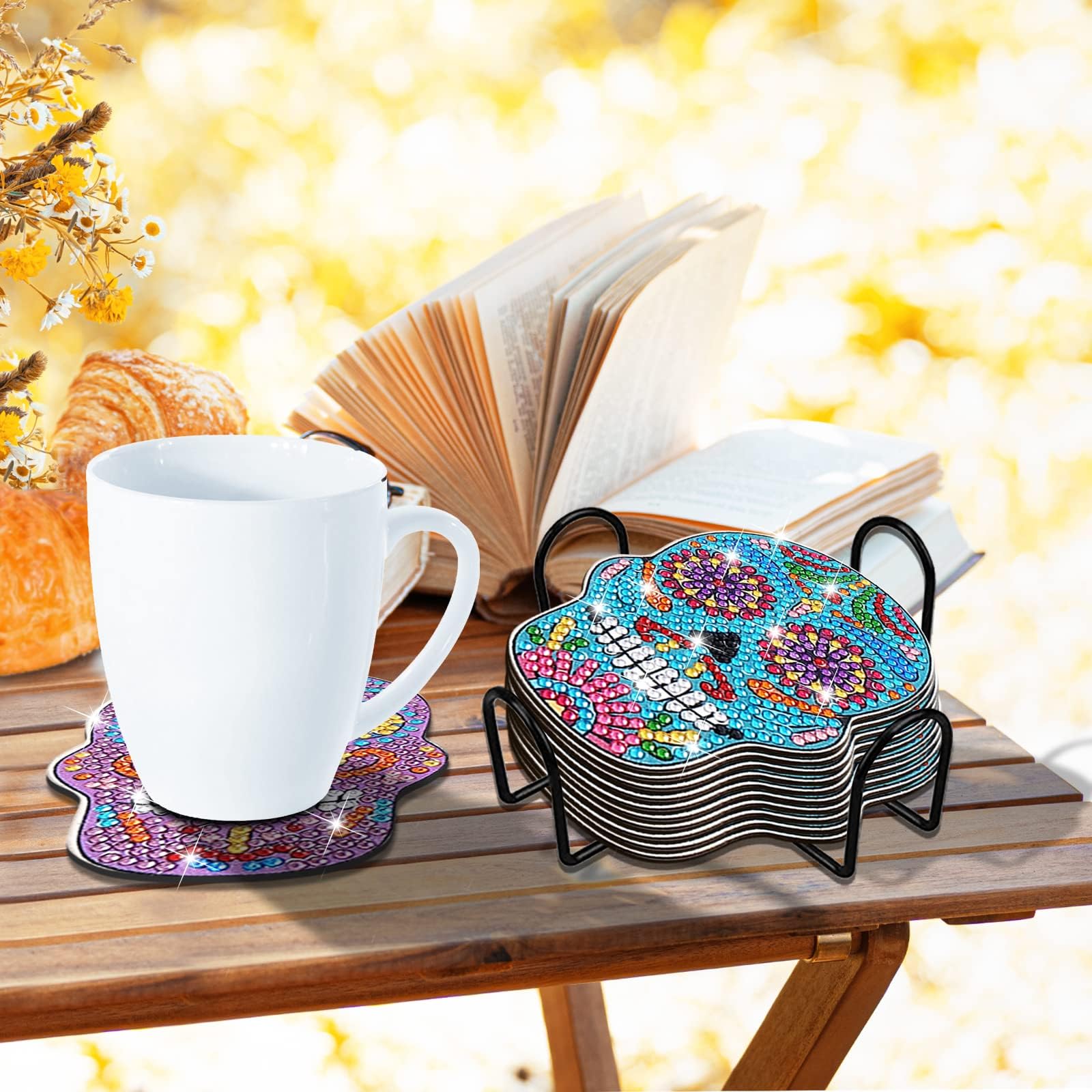 YLOLUL YLOLUL 10 Pcs Skull Shaped Diamond Painting Coasters DIY Kits for Beginners Adults Kids Art Craft Supplies Gift - View 7 of 7